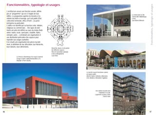 L’architecture assure une fonction sociale, définie
par un "programme" qui est à l’origine de tout
édifice. Le programme exprime les besoins et la
volonté du maître d’ouvrage, qu’il soit public (État,
collectivité territoriale, office d'HLM…) ou privé
(entreprise ou particulier).
L’édifice est identifié par sa fonction civile, militaire,
religieuse ou commerciale,… Des types de bâtiments ont ainsi été définis au cours du temps (habitation, mairie, école, sanctuaire, citadelle, halles,
entrepôt, usine,…) entraînant une organisation et
une distribution particulière des espaces pour
répondre aux usages souhaités.
Il en résulte une organisation des pièces du bâtiment, la définition de leur affectation, leur hiérarchie,
leurs liaisons, leurs dimensions.

La richesse volumétrique d’un espace ordonné.
Groupe scolaire à Bailly-Romainvilliers (77),
Marjolijn et Pierre Boudry.

Le cinéma dans la ville.
Cinéma MK2 Bibliothèque
à Paris,
Jean-Michel Wilmotte.

Fonctionalités, typologie et usages

Fonctionnalités, typologie et usages

Hiérarchie, liaison et articulation
des différents espaces.
Plan de l’assemblée nationale
à Dacca (Bangladesh),
Louis Khan.

Le marché couvert fonctionne comme
un espace public.
Marché Sainte-Catherine à Barcelone,
Enric Miralles et Benedetta Tagliabue.

Une relation nouvelle entre
l’habitation et la ville.
Logements sociaux à Paris,
Francis Soler.

46

47

 