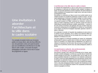 L'architecture et la ville dans le cadre scolaire

Une invitation à
aborder
l'architecture et
la ville dans
le cadre scolaire
Comment utiliser ces Repères ?
Ces exemples de projets menés avec de jeunes
publics de niveaux divers, dans des lieux différents,
avec des partenaires variés sont autant de pistes
pour une sensibilisation à l'architecture et à la ville
dans le cadre scolaire, à l'occasion de projets
pédagogiques particuliers et de la mise en œuvre
des programmes en vigueur.

58

Au croisement des enseignements, au cœur du socle commun de connaissances et
de compétences, la découverte de l'architecture facilite l'utilisation de logiques, de
savoirs, de savoir-faire appartenant à plusieurs disciplines. Elle permet d'aborder les
notions de globalité et de complexité sous un angle concret, inscrit dans la durée et
le développement durable.
Elle participe à la construction par l'élève du sens de son activité scolaire lors de
multiples acquisitions de compétences académiques, sociales et civiques : avoir des
repères géographiques et historiques, être préparé à partager une culture européenne, lire et utiliser différents langages, (se repérer sur un axe et dans le plan), avoir
une approche sensible de la réalité, comprendre les institutions, connaître les
valeurs qui fondent la République à travers son patrimoine, acquérir des notions de
mathématiques (propriétés géométriques, parallèle, perpendiculaire…), percevoir le
lien entre sciences et techniques (arts appliqués) mais aussi connaître l’impact des
constructions architecturales et de l'aménagement du territoire sur l’environnement
et pour adopter une démarche d'investigation responsable, apprendre à raisonner, à
déduire, à démontrer…
De la maternelle à l'université, de l'acquisition des compétences du socle commun à
la maîtrise de savoirs spécialisés, c'est la création d'une démarche référée aux
actuels programmes d’enseignement qui est proposée dans cet ouvrage sur la sensibilisation à l’architecture et à la ville.
Ces fiches suggèrent de nombreuses possibilités pour explorer les composantes
architecturales et urbaines du quartier autour de l'école, pour croiser les regards sur
l'œuvre d'un architecte ou sur l'espace même de l'établissement, pour découvrir l'architecture et l'urbanisme en train de se faire. Elles sont aussi une invitation à entreprendre avec les partenaires culturels locaux des projets pédagogiques adaptés au
territoire.

Les partenaires culturels, des professionnels
rompus au dialogue pédagogique
Des structures culturelles, dont la liste et les coordonnées sont en annexe, exploitent déjà ce potentiel pédagogique. Les fiches que vous allez découvrir illustrent des
activités proposées au jeune public. Ces exemples offrent, par leur variété, de nombreuses possibilités d'exploration de l'architecture et de l'urbanisme contemporains.
Ils incitent à monter des projets pédagogiques avec des partenaires culturels locaux.
Ils témoignent de partenariats fructueux construits entre les enseignants et les professionnels de l'architecture, de l'urbanisme et de la ville qui appuient des enseignements ou des projets pédagogiques facilitant l'acquisition des compétences du socle
commun à la fois sur les programmes scolaires et les composantes architecturales,
urbaines et paysagères du territoire.

59

 