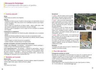 Découverte historique
et contemporaine des parcs et jardins
Musée de la ville de Saint-Quentin-en-Yvelines

▲

Contenu éducatif

Niveau
Collège (classes de sixième et de cinquième).
Objectifs
- Sensibiliser les élèves aux parcs et jardins en tant qu'espaces de représentation, de jeu et
de liberté (les jardins, reflets d'une société et de la symbolique du pouvoir, lieux d'expression des sensibilités) ;
- Ouvrir le regard sur la diversité de ces espaces urbains : squares, jardins, parcs, mails,
aires de jeux et comprendre qu'ils ont été pensés, structurés, aménagés ;
- Découvrir le métier de paysagiste et créer un espace vert de la conception à la réalisation
de la maquette.
Connaissances et compétences
- Acquisition de connaissances sur l'histoire des jardins, familiarisation avec un vocabulaire
adéquat ;
- Définition des fonctions possibles des espaces verts dans un environnement urbain ;
- Lecture de plan, dessin (code couleurs, représentation des différents éléments urbains),
s'orienter ;
- Travail en équipe et se mettre d'accord sur un programme ;
- Créations manuelles, recherche d'astuces de représentation.

▲

Modalités de l’activité

Matériel utilisé
Cartes, plans, questionnaires, photographies, documents originaux, plaques de polystyrène
expansé, sables colorés, épices, herbes de Provence, grillage…
Durée
Trois séances de 2 heures.
66

Restitution
Conception d'un jardin (dessin du plan et réalisation de la
maquette). Présentation du projet.

▲

Exemples de disciplines concernées & perspectives transversales
Collège, cycle d’adaptation : Arts plastiques : « Hétérogénéité et cohérence plastiques »,
« espace en deux et trois dimensions (fabrication d’objets) ».
Cycle d’approfondissement : Arts plastiques : « Dispositif de représentation : espace à
deux et trois dimensions » – Sciences de la Vie et de la Terre, classe de cinquième « géologie externe, évolution des paysages » – Thème de convergence « Environnement et développement durable » – Éducation au développement durable (EDD) – Utilisation des
technologies de l’information et de la communication (TIC).

Déroulement
1re séance : visite des espaces verts du quartier
Saint-Quentin. Découverte à pied de l'univers des
parcs et jardins à l'aide d'une grille de lecture.
2e séance : atelier aux Archives départementales
à partir de documents sur les parcs et jardins au
XVIIe et XVIIIe siècles dans les Yvelines pour comprendre l'organisation des jardins classiques et
des jardins paysagers.
Prolongement en classe sur l'histoire des parcs
avec éventuellement des visites d’autres
espaces verts : sensibiliser les élèves à différents
types d'espaces verts (jardin classique, jardin japonais, parc
contemporain, Land Art…)
3e séance : atelier « La ville en herbe ». En se nourrissant des
parcs découverts tout au long du projet, les élèves se transforment en apprentis paysagistes.
Ces séances conduisent les élèves à proposer la conception
d'un espace vert sous forme de maquette, soit pour un aménagement imaginaire, soit pour une réalisation à l'intérieur de
l'établissement scolaire.

Pour aller plus loin…

Prolongements possibles de l’activité
Rencontre avec un paysagiste et son travail autour d'un espace vert, un urbaniste autour de
l'intégration d'un espace vert au sein d'un quartier, un designer sur le mobilier urbain.
« Adopter un jardin », projet sur l'année autour d'un parc ou d'un jardin proche de l'établissement, enrichi par des interventions artistiques.
Informations pratiques
Activité réalisée par le service éducatif du Musée de la ville à Saint-Quentin-en-Yvelines.
Tél. : 01 34 52 28 80, mél. : museedelaville@agglo-sqy.fr

67

 