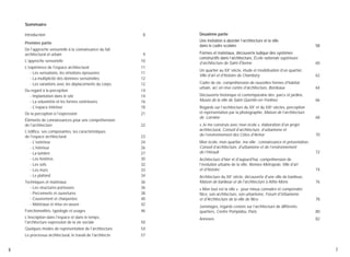 Sommaire
Introduction

8

Une invitation à aborder l’architecture et la ville
dans le cadre scolaire

Première partie
De l'approche sensorielle à la connaissance du fait
architectural et urbain

9

L'approche sensorielle

10

L'expérience de l'espace architectural
- Les sensations, les émotions éprouvées
- La multiplicité des données sensorielles
- Les variations avec les déplacements du corps

11
11
12
12

Du regard à la perception
- Implantation dans le site
- La volumétrie et les formes extérieures
- L'espace intérieur

14
14
16
18

De la perception à l'expression

21

Éléments de connaissances pour une compréhension
de l'architecture

22

L'édifice, ses composantes, les caractéristiques
de l'espace architectural
- L'extérieur
- L'intérieur
- La lumière
- Les fenêtres
- Les sols
- Les murs
- Le plafond

23
24
26
27
30
32
33
34

Techniques et matériaux
- Les structures porteuses
- Percements et ouvertures
- Couvrement et charpentes
- Matériaux et mise en œuvre

36
36
38
40
42

Fonctionnalités, typologie et usages

46

L'inscription dans l'espace et dans le temps,
l'architecture expression de la vie sociale

50

Quelques modes de représentation de l'architecture

58

Formes et matériaux, découverte ludique des systèmes
constructifs dans l’architecture, École nationale supérieure
d’architecture de Saint-Étienne

60

Un quartier au XX siècle, étude et modélisation d’un quartier,
Ville d’art et d’histoire de Chambéry

62

Cadre de vie, compréhension de nouvelles formes d'habitat
urbain, arc en rêve centre d’architecture, Bordeaux

64

Découverte historique et contemporaine des parcs et jardins,
Musée de la ville de Saint-Quentin-en-Yvelines

66

Regards sur l’architecture du XX et du XXI siècles, perception
et représentation par la photographie, Maison de l’architecture
de Lorraine

68

« Je me construis avec mon école », élaboration d'un projet
architectural, Conseil d’architecture, d’urbanisme et
de l’environnement des Côtes d'Armor

70

Mon école, mon quartier, ma ville : connaissance et présentation,
Conseil d’architecture, d’urbanisme et de l’environnement
de l’Hérault

72

Architecture d'hier et d'aujourd'hui, compréhension de
l'évolution urbaine de la ville, Rennes-Métropole, Ville d’art
et d’histoire

74

Architecture du XXe siècle, découverte d'une ville de banlieue,
Maison de banlieue et de l'architecture à Athis-Mons

76

« Mon tout est la ville » : pour mieux connaître et comprendre
Nice, son architecture, son urbanisme, Forum d'Urbanisme
et d'Architecture de la ville de Nice

78

Jumelages, regards croisés sur l’architecture de différents
quartiers, Centre Pompidou, Paris

80

Annexes

82

54

Le processus architectural, le travail de l'architecte

6

Deuxième partie

57

e

e

e

7

 