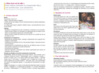 « Mon tout est la ville »
Pour mieux connaître et comprendre Nice,
son architecture, son urbanisme
Forum d'Urbanisme et d'Architecture de la Ville de Nice

- Sciences de la Vie et de la Terre, 6e « Caractéristiques de l’environnement proche et répartition des êtres vivants », 5e « Géologie externe : évolution des paysages ».
Thème de convergence « Environnement et développement durable – Éducation au développement durable (EDD) – Utilisation des technologies de l’information et de la communication (TIC).

▲

▲

Contenu éducatif

Niveau
École primaire, cycles 2 et 3
Collège : classes de sixième et cinquième
L'activité concerne des collèges en Zones d'éducation prioritaire de quartiers périphériques,
ou du centre ville.
Les collèges ayant intégré le dispositif « Ambition réussite » sont particulièrement concernés par l'activité.
Objectifs
- Sensibiliser à l'aménagement de la ville, à l'architecture, à l'urbanisme et à la concertation ;
- Préparer de futurs citoyens à la concertation et au débat prévus par la loi relative à la solidarité et au renouvellement urbain (Loi du 13 décembre 2000) ;
- Amener les élèves à aborder des thèmes liés à leur cadre de vie et à donner leur avis sur
des projets en cours.
Connaissances et compétences
- Identification des ensembles urbains : repérage et compréhension du site, approche chronologique et représentation ;
- Connaissance de la démarche du PLU et des procédures légales, et découverte des processus de décision ;
- Compréhension de la transformation du cadre de vie, des différents acteurs et de leurs
rôles respectifs et approche de la création architecturale ;
- Enrichissement du vocabulaire ;
- Expression argumentée : présentation d'une situation, argumentation pour soutenir une
proposition, exercices critiques.

78

Matériel utilisé
Un livre-plan général sur la ville et un dépliant avec
carte décrivant la nature et l'évolution du quartier
concerné, un diaporama élaboré en partenariat avec
les services d'urbanisme de la ville de Nice, explicitant
la démarche et l'élaboration du PLU.
Durée
Cinq séances d'une demi-journée dans l'année dans
chaque classe et une séance supplémentaire pour le
Plan local d'urbanisme.
Déroulement
Un architecte mandaté par la ville de Nice intervient dans chaque classe au cours des cinq
séances par classe. Un urbaniste donne des éléments de connaissance sur l'urbanisme et
sur les documents qui décrivent les étapes de la planification urbaine.
Chaque séance comporte une visite du quartier et de la ville et des débats en classe
concernant plusieurs thèmes : architecture, aménagement de la ville, vie économique (tourisme, commerces) circulation et transports, habitat (restaurations et constructions neuves),
équipements de proximité.
Restitution
Les élèves réalisent des plans, photographies,
dessins, poèmes, exécutés à partir du livreplan, ainsi que des maquettes, qui font l'objet
d'une exposition présentée au Forum chaque
année.
L'exposition circule ensuite dans les quartiers.

▲

Exemples de disciplines concernées & perspectives transversales
École Primaire : Maitrise du langage et de la langue française - Vivre ensemble, cycle 2
« Dépasser l’horizon de l’école » - Mathématiques, cycle 2 « Grandeurs et mesure » Découvrir le monde, cycle 2 « De l’espace familier aux espaces lointains » - Éducation
civique, cycle 3 « Être citoyen » - Géographie, cycle 3 « Regards sur le monde : des
espaces organisés par les sociétés humaines » - Arts visuels, cycle 3 « Des caractéristiques
d’un volume à son organisation spatiale », « La perception de l’environnement et sa représentation ».
Collège : Arts plastiques, 6e « L’espace en trois dimensions (fabrication d’objets et travail en
volume) » - Géographie, 6e « Les grands types de paysages », 5e « La France, aménagement
du territoire » – Mathématiques, 6e - 5e « Nombres et calculs » « Géométrie, figures planes »

Modalités de l’activité

Pour aller plus loin…

Informations pratiques
Activité réalisée par le Forum d'Urbanisme et d'Architecture,
Agence municipale d'urbanisme, place Pierre-Gautier, 06364 Nice Cedex 4.
Tél. : 04 97 13 31 51
L'opération repose sur un programme d'actions pédagogiques mis en place depuis plusieurs années et subventionné, notamment par la Drac, dans le cadre d'un Contrat de ville.
79

 