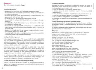 Les structures de diffusion

Des références et des points d'appui

Développant des actions de sensibilisation des publics, elles constituent des réseaux de
professionnels pouvant intervenir en milieu scolaire pour des activités sur les thèmes de
l'architecture, du patrimoine et du cadre de vie :
- le réseau des Villes et Pays d'art et d'histoire : www.vpah.culture.fr ;
- la Fédération nationale des Conseils en architecture, urbanisme et environnement (CAUE)
www.fncaue.asso.fr ;
- le réseau des Maisons de l'architecture contact@ma-lereseau.org et www.ma-lereseau.org ;
- le réseau des Écoles nationales supérieures d'architecture : www.archi.fr/ECOLES ;
- la Cité de l'architecture et du patrimoine : www.citechaillot.fr.
Les coordonnées des différentes structures de diffusion en architecture sont disponibles sur
archireseau.fr.
Le portail interministériel de l'éducation artistique et culturelle :
www.education.arts.culture.fr regroupe toutes informations dans le domaine de l'éducation artistique et culturelle à l'intention des enseignants, des artistes et des professionnels
de la culture.
Les Directions régionales des affaires culturelles et les Rectorats peuvent fournir des renseignements concernant des structures locales.

Les textes réglementaires
- Circulaire n°2007-077 du 29 mars 2007 - Éducation au développement durable.
- Circulaire n°2007-022 du 22 janvier 2007 - Les dimensions artistique et culturelle des projets d'école et d'établissement.
- Circulaire n° 2005-014 du 3 janvier 2005, d'orientation sur la politique d'éducation artistique et culturelle, BOEN du 3 février 2005.
- Loi-2005-380 du 23 avril 2005, d'orientation et de programme sur l'école.
- Circulaire n° 2004-110 du 8 juillet 2004 - Éducation à l'environnement pour un développement durable.
- Décret-2006-830 du 11 juillet 2006, sur le socle commun de connaissances et de compétences, BOEN n° 29 du 20 juillet 2006.
- Circulaire n° 99-136 du 21 septembre 1999, sur l'organisation et la surveillance des sorties
scolaires dans les écoles maternelles et élémentaires publiques, BOEN n° 7, hors série du
23 septembre 1999.
- Circulaire n° 98-153 du 22 juillet 1998, sur l'éducation artistique et culturelle de la maternelle à l'université, BOEN n° 31 du 30 juillet 1998.
- Circulaire du 3 juillet 1992, relative à la participation d'intervenants extérieurs aux activités
d'enseignement dans les écoles maternelles et élémentaires.
Les dispositifs et les programmes
◗ Classes à projet artistique et culturel (PAC) : circulaire n° 2001-104 du 14 juin 2001, BOEN

n° 24 du 14 juin 2001. À l'école primaire, au collège et au lycée d'enseignement général ou
professionnel, ces classes-PAC s'inscrivent dans les horaires et les programmes ordinaires.
Elles associent des artistes et des intervenants culturels et l'enseignant pour une action
artistique et culturelle sur la durée d'une année scolaire.
◗ Itinéraires de découverte : circulaire n° 2002-074 du 10 avril 2002, BOEN n° 16 du 18 avril

2002 et circulaire n° 2002-160 du 2 août 2002, BOEN n° 31 du 29 août 2002. Inscrits dans
les pratiques interdisciplinaires des collèges (au moins deux disciplines), ils contribuent à
valoriser les goûts et les aptitudes des élèves en leur faisant approfondir le contenu d'un
enseignement et réaliser une production individuelle ou collective.
◗ « Architecture au collège » : des étudiants des écoles d'architecture encadrés par un
architecte diplômé (souvent exerçant dans un CAUE) élaborent un projet pédagogique avec
un ou plusieurs enseignants de collège ou de lycée autour d'un thème commun.

Les Pôles de ressources pour l'éducation artistique et culturelle
Créés par la circulaire n° 2007-090 du 12 avril 2007, ces pôles territoriaux et thématiques
proposent aux enseignants et aux animateurs des structures culturelles, des formations et
des ressources documentaires.
82

Annexes

Annexes

Bibliographie
Maillot Françoise et Langlois Isabelle, La pierre et la lettre, architecture et littérature au
collège et au lycée, Besançon, SCEREN/CNDP, CRDP de Franche-Comté, 2001.
Sicard Mireille, Comprendre l'architecture,
Grenoble, SCEREN/CNDP, CRDP de l'Isère, 2001.
Cartier Claudine, L'héritage industriel, un patrimoine,
Paris, SCEREN/CNDP, collection Patrimoine-Références, 2003.
Irvoas-Dantec Dominique, C'est quoi le patrimoine ?
Paris, Autrement Junior/SCEREN/CNDP, 2004.
Madec Philippe, L'architecture,
Paris, Autrement Junior/SCEREN/CNDP, 2004.
Monnier Gérard, L'architecture du XXe siècle, un patrimoine,
Paris, SCEREN/CNDP, collection Patrimoine-Références, 2004.
Loupiac Claude, La ville entre représentations et réalités,
Paris, SCEREN/CNDP, collection Patrimoine-Références, 2005.
Les outils pédagogiques des Villes et Pays d'art et d'histoire, Paris, Ministère de la culture
et de la communication/CRDP des Bouches du Rhône/ORME, 2005 et www.vpah.culture.fr.
Le pays d'à côté, éducation artistique et culturelle en Rhône-Alpes, ouvrage collectif,
Villeurbanne, La Passe du vent, 2006.
Leniaud Jean-Michel, Vingt siècles d'architecture religieuse en France,
Paris, SCEREN/CNDP, collection Patrimoine-Références, 2007.
Derouet-Besson Marie-Claude, dir., 50 activités pour l'architecture et l'urbanisme avec les
CAUE, Toulouse, FNCAUE-CRDP Midi-Pyrénées, 2007.
83

 