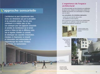 L'approche sensorielle
L'architecture ne peut s'appréhender dans
toutes ses dimensions que par la perception
et les sensations vécues. Tous les sens
contribuent à la relation avec un lieu.
Les convoquer pour une approche sensorielle
et sensible de l'architecture sur le terrain
permet à l'élève de faire la différence entre
voir et regarder, d'éveiller sa curiosité,
de développer ses capacités d'observation,
d'analyse et d'expression. Le ressenti
et l’observation sont indissociables de
l’apprentissage des modes d’analyse,
d’expression, de représentation.

Se rendre perméable aux lieux demande une mobilisation
de tous les sens. Analyser ses impressions conduit à les
identifier pour parvenir à les communiquer et à échanger
avec les autres.
Les sensations, les émotions éprouvées :
- le bien-être ou le mal-être dans un lieu ;
- les ambiances et leurs nuances.
Être à l'écoute de ce qu'on ressent, de ses émotions pour
les exprimer, les confronter à celles des autres pour
aborder personnellement l'architecture.

Le bâtiment pratiqué comme
un terrain de découvertes par
les enfants.

L'expérience de l'espace architectural

L'expérience de l'espace
architectural

Établir par soi-même
une relation avec
l’architecture.
Cinémathèque
française
à Paris,
Frank O. Gehry.

Une fenêtre urbaine.
Pavillon du Portugal
à Lisbonne, Alvaro Siza.

10

11

 