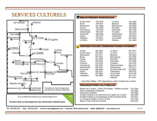 SERVICES CULTURELSSERVICES CULTURELS BIBLIOTHÈQUES MUNICIPALES
Authier-Nord
Boulé
Beaucanton
Clerval
Colombourg
Desmeloizes
Duparquet
Dupuy
Gallichan
La Reine
782-3834
787-6477
941-2086
783-2069
333-5783
788-2491
948-2266
783-2147
787-6301
947-5271
La Sarre
Macamic
Mancebourg
Normétal
Palmarolle
Poularies
Roquemaure
Taschereau
Val Paradis
Villebois
333-2294
782-4604
333-4609
788-2505
787-3459
782-5159
787-6514
796-2219
941-2046
941-2040
CENTRES D’ACCÈS COMMUNAUTAIRES INTERNET
Authier
Authier-Nord
Beaucanton
Boulé
Chazel
Clerval
Clermont
Colombourg
Desmeloizes
Duparquet
Dupuy
Gallichan
Languedoc
La Reine
La Sarre
Macamic
Mancebourg
Normétal
Palmarolle
Poularies
Rapide-Danseur
Roquemaure
St-André (Âge d’Or)
Taschereau
Val St-Gilles
Val Paradis
Villebois
782-3093
782-2057
941-2101
787-6323
333-4758
783-2640
333-6129
333-5783
788-2491
948-2266
783-2147
787-6092
796-2869
947-5271
333-3113
782-4604
333-5766
788-2550
787-2284
782-5159
948-2152
787-6311
333-6620
796-2219
333-2158
941-2101
941-4441
333-2294
333-2294
333-2282
333-2282
787-6221
333-4100
333-4457
Maison de la culture - Centre d’Art Rotary - Théâtre de poche
Salle de spectacles Desjardins
Association d’artistes
Société d’histoire et du patrimoine de la région de La Sarre
Société d’histoire et de généalogie de Ste-Germaine Boulé
La Troupe de théâtre «A cœur ouvert»
Maison d’Arts Jeannine Durocher
ORGANISATIONS CULTURELLES
Consulter les villes et villages pour
connaître leurs activités respectives.
Zone Web Télébec : WIFI disponible au Jardin d’oiseaux de La Sarre
Tél.: 819 333-3113 · Télec.: 819 333-3132 · Courriel: sadcao@sadcao.com · Facebook: SADC.Abitibi.Ouest · Twitter: @SADCAO · www.sadcao.com Août 2013
Tous les téléphones débutent par l’indicatif régional 819
Société d’aide au développement des collectivités d’Abitibi-Ouest
 