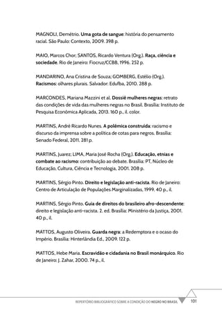 101
REPERTÓRIO BIBLIOGRÁFICO SOBRE A CONDIÇÃO DO NEGRO NO BRASIL
MAGNOLI, Demétrio. Uma gota de sangue: história do pensamento
racial. São Paulo: Contexto, 2009. 398 p.
MAIO, Marcos Chor; SANTOS, Ricardo Ventura (Org.). Raça, ciência e
sociedade. Rio de Janeiro: Fiocruz/CCBB, 1996. 252 p.
MANDARINO, Ana Cristina de Souza; GOMBERG, Estélio (Org.).
Racismos: olhares plurais. Salvador: Edufba, 2010. 288 p.
MARCONDES, Mariana Mazzini et al. Dossiê mulheres negras: retrato
das condições de vida das mulheres negras no Brasil. Brasília: Instituto de
Pesquisa Econômica Aplicada, 2013. 160 p., il. color.
MARTINS, André Ricardo Nunes. A polêmica construída: racismo e
discurso da imprensa sobre a política de cotas para negros. Brasília:
Senado Federal, 2011. 281 p.
MARTINS, Juarez; LIMA, Maria José Rocha (Org.). Educação, etnias e
combate ao racismo: contribuição ao debate. Brasília: PT, Núcleo de
Educação, Cultura, Ciência e Tecnologia, 2001. 208 p.
MARTINS, Sérgio Pinto. Direito e legislação anti-racista. Rio de Janeiro:
Centro de Articulação de Populações Marginalizadas, 1999. 40 p., il.
MARTINS, Sérgio Pinto. Guia de direitos do brasileiro afro-descendente:
direito e legislação anti-racista. 2. ed. Brasília: Ministério da Justiça, 2001.
40 p., il.
MATTOS, Augusto Oliveira. Guarda negra: a Redemptora e o ocaso do
Império. Brasília: Hinterlândia Ed., 2009. 122 p.
MATTOS, Hebe Maria. Escravidão e cidadania no Brasil monárquico. Rio
de Janeiro: J. Zahar, 2000. 74 p., il.
 
