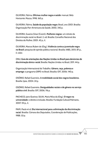 105
REPERTÓRIO BIBLIOGRÁFICO SOBRE A CONDIÇÃO DO NEGRO NO BRASIL
OLIVEIRA, Fátima. Oficinas mulher negra e saúde: manual. Belo
Horizonte: Mazza, 1998. 160 p.
OLIVEIRA, Fátima. Saúde da população negra: Brasil, ano 2001. Brasília:
Organização Pan-Americana da Saúde, 2002. 342 p.
OLIVEIRA, Guacira César (Coord.). Mulheres negras: um retrato da
discriminação racial no Brasil. 2. ed. Brasília: Conselho Nacional dos
Direitos da Mulher, 2001. 42 p., il.
OLIVEIRA, Marcos Ruben de (Org.). Violência contra a juventude negra
no Brasil: pesquisa de opinião pública nacional. Brasília: IABS, 2013. 87 p.,
il. color.
ONU. Guia de orientações das Nações Unidas no Brasil para denúncias de
discriminação étnico-racial. Brasília: Nações Unidas no Brasil, 2011. 44 p.
Organização Internacional do Trabalho. Gênero, raça, pobreza e
emprego: o programa GRPE no Brasil. Brasília: OIT, 2006. 140 p.
OSÓRIO, Rafael Guerreiro. A mobilidade social dos negros brasileiros.
Brasília: Ipea, 2004. 24 p.
OSÓRIO, Rafael Guerreiro. Desigualdades raciais e de gênero no serviço
público civil. Brasília: OIT, 2006. 116 p.
PACHECO, Jairo Queiroz; SILVA, Maria Nilza da (Org.). O negro na
universidade: o direito à inclusão. Brasília: Fundação Cultural Palmares,
2007. 151 p., il.
PAIM, Paulo et al. Dia internacional para a eliminação da discriminação
racial. Brasília: Câmara dos Deputados, Coordenação de Publicações,
1988. 53 p.
 