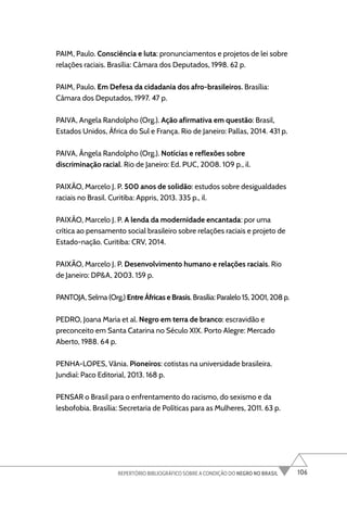 106
REPERTÓRIO BIBLIOGRÁFICO SOBRE A CONDIÇÃO DO NEGRO NO BRASIL
PAIM, Paulo. Consciência e luta: pronunciamentos e projetos de lei sobre
relações raciais. Brasília: Câmara dos Deputados, 1998. 62 p.
PAIM, Paulo. Em Defesa da cidadania dos afro-brasileiros. Brasília:
Câmara dos Deputados, 1997. 47 p.
PAIVA, Angela Randolpho (Org.). Ação afirmativa em questão: Brasil,
Estados Unidos, África do Sul e França. Rio de Janeiro: Pallas, 2014. 431 p.
PAIVA, Ângela Randolpho (Org.). Notícias e reflexões sobre
discriminação racial. Rio de Janeiro: Ed. PUC, 2008. 109 p., il.
PAIXÃO, Marcelo J. P. 500 anos de solidão: estudos sobre desigualdades
raciais no Brasil. Curitiba: Appris, 2013. 335 p., il.
PAIXÃO, Marcelo J. P. A lenda da modernidade encantada: por uma
crítica ao pensamento social brasileiro sobre relações raciais e projeto de
Estado-nação. Curitiba: CRV, 2014.
PAIXÃO, Marcelo J. P. Desenvolvimento humano e relações raciais. Rio
de Janeiro: DP&A, 2003. 159 p.
PANTOJA, Selma (Org.) Entre Áfricas e Brasis. Brasília: Paralelo 15, 2001, 208 p.
PEDRO, Joana Maria et al. Negro em terra de branco: escravidão e
preconceito em Santa Catarina no Século XIX. Porto Alegre: Mercado
Aberto, 1988. 64 p.
PENHA-LOPES, Vânia. Pioneiros: cotistas na universidade brasileira.
Jundiaí: Paco Editorial, 2013. 168 p.
PENSAR o Brasil para o enfrentamento do racismo, do sexismo e da
lesbofobia. Brasília: Secretaria de Políticas para as Mulheres, 2011. 63 p.
 