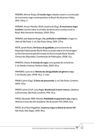 107
REPERTÓRIO BIBLIOGRÁFICO SOBRE A CONDIÇÃO DO NEGRO NO BRASIL
PEREIRA, Almicar Araújo. O mundo negro: relações raciais e a constituição
do movimento negro contemporâneo no Brasil. Rio de Janeiro: Pallas,
2013. 343 p., il.
PEREIRA, Amauri Mendes; SILVA, Joselina da (Org.). O movimento negro
brasileiro: escritos sobre os sentidos de democracia e justiça social no
Brasil. Belo Horizonte: Nandyala, 2009. 239 p.
PEREIRA, João Baptista Borges. Cor, profissão e mobilidade: o negro e o
rádio de São Paulo. 2. ed. São Paulo: Edusp, 2001. 279 p.
PIETÁ, Janete Rocha. Em busca da igualdade: pronunciamento da
Deputada Federal Janete Rocha Pietá na sessão solene em homenagem
ao Dia Internacional pela Eliminação da Discriminação Racial. Brasília:
Câmara dos Deputados, Coordenação de Publicações, 2008. 15 p.
PIMENTA, Aluísio. A inclusão do negro: uma questão de consciência.
2. ed. Brasília: Instituto Teotônio Vilela, 2003. 50 p.
PINHEIRO, Luana et al. Retrato das desigualdades de gênero e raça.
3. ed. Brasília: Ipea, 2008. 36 p., il. color.
PINSKY, Jaime (Org.). 12 faces do preconceito. 6. ed. São Paulo: Contexto,
2003. 123 p.
PINSKY, Jaime; ELUF, Luiza Nagib. Brasileiro(a) é assim mesmo: cidadania
e preconceito. São Paulo: Contexto, 1993. 112 p.
PINTO, Alexandre; NERI, Marcelo. Mobilidade ocupacional e raça: origens,
destinos e riscos dos afro-brasileiros. Rio de Janeiro: FGV, 2000. 62 p.
PINTO, Ana Flávia Magalhães. Imprensa negra no Brasil do século XIX.
São Paulo: Selo Negro, 2010. 181 p.
 