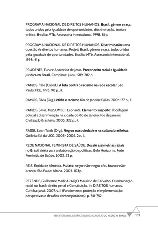 109
REPERTÓRIO BIBLIOGRÁFICO SOBRE A CONDIÇÃO DO NEGRO NO BRASIL
PROGRAMA NACIONAL DE DIREITOS HUMANOS. Brasil, gênero e raça:
todos unidos pela igualdade de oportunidades, discriminação, teoria e
prática. Brasília: MTb, Assessoria Internacional, 1998. 81 p.
PROGRAMA NACIONAL DE DIREITOS HUMANOS. Discriminação: uma
questão de direitos humanos, Projeto Brasil, gênero e raça, todos unidos
pela igualdade de oportunidades. Brasília: MTb, Assessoria Internacional,
1998. 41 p.
PRUDENTE, Eunice Aparecida de Jesus. Preconceito racial e igualdade
jurídica no Brasil. Campinas: Julex, 1989. 282 p.
RAMOS, Ítalo (Coord.). A luta contra o racismo na rede escolar. São
Paulo: FDE, 1995. 90 p., il.
RAMOS, Silvia (Org.). Mídia e racismo. Rio de Janeiro: Pallas, 2002. 177 p., il.
RAMOS, Silvia; MUSUMECI, Leonarda. Elemento suspeito: abordagem
policial e discriminação na cidade do Rio de Janeiro. Rio de Janeiro:
Civilização Brasileira, 2005. 322 p., il.
RASSI, Sarah Taleb (Org.). Negros na sociedade e na cultura brasileiras.
Goiânia: Ed. da UCG, 2005- 2006. 2 v., il.
REDE NACIONAL FEMINISTA DE SAÚDE. Dossiê assimetrias raciais
no Brasil: alerta para a elaboração de políticas. Belo Horizonte: Rede
Feminista de Saúde, 2003. 52 p.
REIS, Eneida de Almeida. Mulato: negro-não-negro e/ou branco-não-
branco. São Paulo: Altana, 2002. 103 p.
REZENDE, Guilherme Madi; ARAÚJO, Maurício de Carvalho. Discriminação
racial no Brasil: direito penal e Constituição. In: DIREITOS humanos.
Curitiba: Juruá, 2007. v. II (Fundamento, proteção e implementação:
perspectivas e desafios contemporâneos), p. 741-752.
 