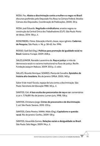 111
REPERTÓRIO BIBLIOGRÁFICO SOBRE A CONDIÇÃO DO NEGRO NO BRASIL
ROSA, Feu. Abaixo a discriminação contra a mulher e o negro no Brasil:
discursos proferidos pelo Deputado Feu Rosa na Câmara Federal. Brasília:
Câmara dos Deputados, Coordenação de Publicações, 2000. 20 p.
ROSA, José Eduardo. Negritude e sindicalismo: anseios negros na
construção da Central Única dos Trabalhadores (CUT). São Paulo: Porto
de Ideias, 2014. 136 p., il.
ROSEMBERG, Fúlvia. Educação infantil, classe, raça e gênero. Cadernos
de Pesquisa, São Paulo, n. 96, p. 58-65, fev. 1996.
ROSSO, Sadi Dal (Org.). Políticas para promoção da igualdade racial no
Brasil. Goiânia: Funape, 2009. 208 p.
SALES JÚNIOR, Ronaldo Laurentino de. Raça e justiça: o mito da
democracia racial e o racismo institucional no fluxo de justiça. Recife:
Fundação Joaquim Nabuco, 2009. 203 p., il. color.
SALLES, Ricardo Henrique; SOARES, Mariza de Carvalho. Episódios de
história afro-brasileira. Rio de Janeiro: DP&A, 2005. 140 p.
Salve 13 de maio? Escola, espaço de luta contra a discriminação. São
Paulo: Secretaria de Educação 1988. 50 p., il.
SANTOS, Celi. A face oculta dos preconceitos de raça e cor: comentários
à Lei n. 7.716/89. Rio de Janeiro: Lumen Juris, 1998, 158 p.
SANTOS, Christiano Jorge. Crimes de preconceito e de discriminação.
2. ed. São Paulo: Saraiva, 2010. 233 p.
SANTOS, Cleito Pereira; VIANA, Nildo (Org.). Capitalismo e questão
racial. Rio de Janeiro: Corifeu, 2009. 128 p.
SANTOS, Gevanilda Gomes. Relações raciais e desigualdade no Brasil.
São Paulo: Selo Negro, 2009. 94 p., il.
 