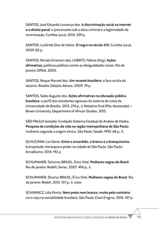 113
REPERTÓRIO BIBLIOGRÁFICO SOBRE A CONDIÇÃO DO NEGRO NO BRASIL
SANTOS, José Eduardo Lourenço dos. A discriminação racial na internet
e o direito penal: o preconceito sob a ótica criminal e a legitimidade da
incriminação. Curitiba: Juruá, 2014. 339 p.
SANTOS, Luislinda Dias de Valois. O negro no século XXI. Curitiba: Juruá,
2009. 83 p.
SANTOS, Renato Emerson dos; LOBATO, Fátima (Org.). Ações
afirmativas: políticas públicas contra as desigualdades raciais. Rio de
Janeiro: DP&A, 2003.
SANTOS, Roque Manoel dos. Um recanto brasileiro: a face oculta do
racismo. Brasília: Edições Abrace, 2009. 79 p.
SANTOS, Sales Augusto dos. Ações afirmativas na educação pública
brasileira: o perfil dos estudantes egressos do sistema de cotas da
Universidade de Brasília. 2013. 274 p., il. Relatório final (Pós-doutorado) –
Brown University, Department of African Studies, 2013.
SÃO PAULO (estado). Fundação Sistema Estadual de Análise de Dados.
Pesquisa de condições de vida na região metropolitana de São Paulo:
mulheres segundo a origem étnica. São Paulo: Seade, 1993. 68 p., il.
SCHUCMAN, Lia Vainer. Entre o encardido, o branco e o branquíssimo:
branquitude, hierarquia e poder na cidade de São Paulo. São Paulo:
Annablume, 2014. 192 p.
SCHUMAHER, Schuma; BRAZIL, Érico Vital. Mulheres negras do Brasil.
Rio de Janeiro: Redeh; Senac, 2007. 496 p., il.
SCHUMAHER, Shuma; BRAZIL; Érico Vital. Mulheres negras do Brasil. Rio
de Janeiro: Redeh, 2013. 157 p., il. color.
SCHWARCZ, Lilia Moritz. Nem preto nem branco, muito pelo contrário:
cor e raça na sociabilidade brasileira. São Paulo: Claro Enigma, 2016. 147 p.
 