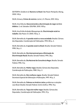 115
REPERTÓRIO BIBLIOGRÁFICO SOBRE A CONDIÇÃO DO NEGRO NO BRASIL
SEYFERTH, Giralda et al. Racismo no Brasil. São Paulo: Peirópolis; Abong,
2002. 143 p.
SILVA, Amaury. Crimes de racismo. Leme: J. H. Mizuno, 2012. 163 p.
SILVA, Ana Célia da. Desconstruindo a discriminação do negro no livro
didático. 2. ed. Salvador: EDUFBA, 2010. 100 p.
SILVA, Ana Emília Andrade Albuquerque da. Discriminação racial no
trabalho. São Paulo: LTr, 2005. 102 p., il.
SILVA, Benedita da. A questão racial e a nova sociedade. Brasília: Câmara
dos Deputados, Coordenação de Publicações, 1994. 80 p., il.
SILVA, Benedita da. A questão racial no Brasil. Brasília: Senado Federal,
1998. 36 p., il.
SILVA, Benedita da. Dia Internacional para a Eliminação da
Discriminação Racial. Brasília: Senado Federal, 1995. 28 p.
SILVA, Benedita da. Dia Nacional da Consciência Negra. Brasília: Senado
Federal, 1996. 12 p.
SILVA, Benedita da. Mulher negra. Brasília: Câmara dos Deputados,
Coordenação de Publicações, 1988. 34 p., il.
SILVA, Benedita da. Nós mulheres negras. Brasília: Senado Federal,
Secretaria Especial de Editoração e Publicações, 1997. 49 p., il.
SILVA, Benedita da. Pobreza na América Latina: problemas e soluções
caso Brasil. Brasília: Senado Federal, Centro Gráfico, 1996. 14 p.
SILVA, Benedita da. Toque de mulher negra. Brasília: Câmara dos
Deputados, Coordenação de Publicações, 1992. 27 p.
 
