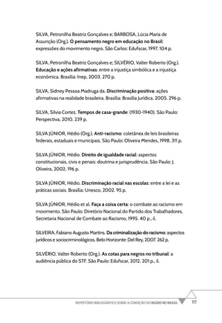 117
REPERTÓRIO BIBLIOGRÁFICO SOBRE A CONDIÇÃO DO NEGRO NO BRASIL
SILVA, Petronilha Beatriz Gonçalves e; BARBOSA, Lúcia Maria de
Assunção (Org.). O pensamento negro em educação no Brasil:
expressões do movimento negro. São Carlos: Edufscar, 1997. 104 p.
SILVA, Petronilha Beatriz Gonçalves e; SILVÉRIO, Valter Roberto (Org.).
Educação e ações afirmativas: entre a injustiça simbólica e a injustiça
econômica. Brasília: Inep, 2003. 270 p.
SILVA, Sidney Pessoa Madruga da. Discriminação positiva: ações
afirmativas na realidade brasileira. Brasília: Brasília Jurídica, 2005. 296 p.
SILVA, Silvia Cortez. Tempos de casa-grande: (1930-1940). São Paulo:
Perspectiva, 2010. 239 p.
SILVA JÚNIOR, Hédio (Org.). Anti-racismo: coletânea de leis brasileiras
federais, estaduais e municipais. São Paulo: Oliveira Mendes, 1998. 311 p.
SILVA JÚNIOR, Hédio. Direito de igualdade racial: aspectos
constitucionais, civis e penais: doutrina e jurisprudência. São Paulo: J.
Oliveira, 2002. 196 p.
SILVA JÚNIOR, Hédio. Discriminação racial nas escolas: entre a lei e as
práticas sociais. Brasília: Unesco, 2002. 95 p.
SILVA JÚNIOR, Hédio et al. Faça a coisa certa: o combate ao racismo em
movimento. São Paulo: Diretório Nacional do Partido dos Trabalhadores,
Secretaria Nacional de Combate ao Racismo, 1995. 40 p., il.
SILVEIRA, Fabiano Augusto Martins. Da criminalização do racismo: aspectos
jurídicos e sociocriminológicos. Belo Horizonte: Del Rey, 2007. 262 p.
SILVÉRIO, Valter Roberto (Org.). As cotas para negros no tribunal: a
audiência pública do STF. São Paulo: Edufscar, 2012. 201 p., il.
 