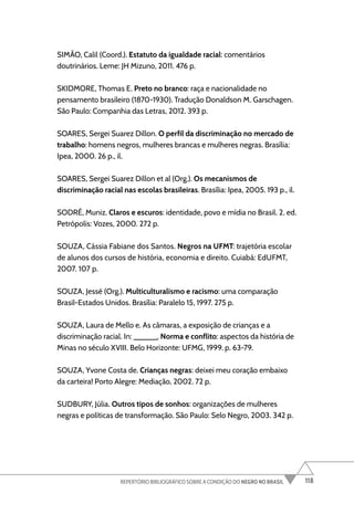 118
REPERTÓRIO BIBLIOGRÁFICO SOBRE A CONDIÇÃO DO NEGRO NO BRASIL
SIMÃO, Calil (Coord.). Estatuto da igualdade racial: comentários
doutrinários. Leme: JH Mizuno, 2011. 476 p.
SKIDMORE, Thomas E. Preto no branco: raça e nacionalidade no
pensamento brasileiro (1870-1930). Tradução Donaldson M. Garschagen.
São Paulo: Companhia das Letras, 2012. 393 p.
SOARES, Sergei Suarez Dillon. O perfil da discriminação no mercado de
trabalho: homens negros, mulheres brancas e mulheres negras. Brasília:
Ipea, 2000. 26 p., il.
SOARES, Sergei Suarez Dillon et al (Org.). Os mecanismos de
discriminação racial nas escolas brasileiras. Brasília: Ipea, 2005. 193 p., il.
SODRÉ, Muniz. Claros e escuros: identidade, povo e mídia no Brasil. 2. ed.
Petrópolis: Vozes, 2000. 272 p.
SOUZA, Cássia Fabiane dos Santos. Negros na UFMT: trajetória escolar
de alunos dos cursos de história, economia e direito. Cuiabá: EdUFMT,
2007. 107 p.
SOUZA, Jessé (Org.). Multiculturalismo e racismo: uma comparação
Brasil-Estados Unidos. Brasília: Paralelo 15, 1997. 275 p.
SOUZA, Laura de Mello e. As câmaras, a exposição de crianças e a
discriminação racial. In: ______. Norma e conflito: aspectos da história de
Minas no século XVIII. Belo Horizonte: UFMG, 1999. p. 63-79.
SOUZA, Yvone Costa de. Crianças negras: deixei meu coração embaixo
da carteira! Porto Alegre: Mediação, 2002. 72 p.
SUDBURY, Júlia. Outros tipos de sonhos: organizações de mulheres
negras e políticas de transformação. São Paulo: Selo Negro, 2003. 342 p.
 