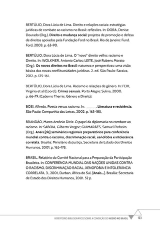 123
REPERTÓRIO BIBLIOGRÁFICO SOBRE A CONDIÇÃO DO NEGRO NO BRASIL
BERTÚLIO, Dora Lúcia de Lima. Direito e relações raciais: estratégias
jurídicas de combate ao racismo no Brasil: reflexões. In: DORA, Denise
Dourado (Org.). Direito e mudança social: projetos de promoção e defesa
de direitos apoiados pela Fundação Ford no Brasil. Rio de Janeiro: Fund.
Ford, 2003. p. 63-90.
BERTÚLIO, Dora Lúcia de Lima. O “novo” direito velho: racismo e
Direito. In: WOLKMER, Antonio Carlos; LEITE, José Rubens Morato
(Org.). Os novos direitos no Brasil: natureza e perspectivas: uma visão
básica das novas conflituosidades jurídicas. 2. ed. São Paulo: Saraiva,
2012. p. 125-161.
BERTÚLIO, Dora Lúcia de Lima. Racismo e relações de gênero. In: FEIX,
Virgínia et al (Coord.). Crimes sexuais. Porto Alegre: Sulina, 2000.
p. 66-79. (Caderno Themis: Gênero e Direito).
BOSI, Alfredo. Poesia versus racismo. In: ______. Literatura e resistência.
São Paulo: Companhia das Letras, 2002. p. 163-185.
BRANDÃO, Marco Antônio Diniz. O papel da diplomacia no combate ao
racismo. In: SABOIA, Gilberto Vergne; GUIMARÃES, Samuel Pinheiro
(Org.). Anais [de] seminários regionais preparatórios para conferência
mundial contra o racismo, discriminação racial, xenofobia e intolerância
correlata. Brasília: Ministério da Justiça, Secretaria de Estado dos Direitos
Humanos, 2001. p. 165-178.
BRASIL. Relatório do Comitê Nacional para a Preparação da Participação
Brasileira. In: CONFERÊNCIA MUNDIAL DAS NAÇÕES UNIDAS CONTRA
O RACISMO, DISCRIMINAÇÃO RACIAL, XENOFOBIA E INTOLERÂNCIA
CORRELATA, 3., 2001, Durban, África do Sul. [Anais...]. Brasília: Secretaria
de Estado dos Direitos Humanos, 2001. 52 p.
 