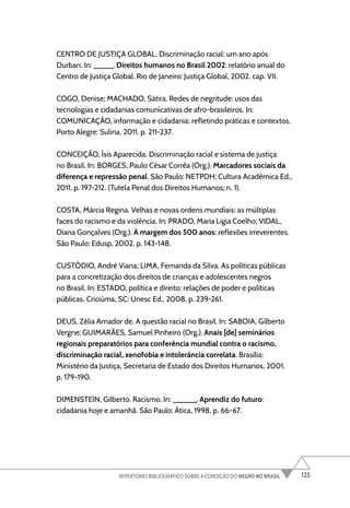 125
REPERTÓRIO BIBLIOGRÁFICO SOBRE A CONDIÇÃO DO NEGRO NO BRASIL
CENTRO DE JUSTIÇA GLOBAL. Discriminação racial: um ano após
Durban. In: _____. Direitos humanos no Brasil 2002: relatório anual do
Centro de Justiça Global. Rio de Janeiro: Justiça Global, 2002. cap. VII.
COGO, Denise; MACHADO, Sátira. Redes de negritude: usos das
tecnologias e cidadanias comunicativas de afro-brasileiros. In:
COMUNICAÇÃO, informação e cidadania: refletindo práticas e contextos.
Porto Alegre: Sulina, 2011. p. 211-237.
CONCEIÇÃO, Ísis Aparecida. Discriminação racial e sistema de justiça
no Brasil. In: BORGES, Paulo César Corrêa (Org.). Marcadores sociais da
diferença e repressão penal. São Paulo: NETPDH; Cultura Acadêmica Ed.,
2011. p. 197-212. (Tutela Penal dos Direitos Humanos; n. 1).
COSTA, Márcia Regina. Velhas e novas ordens mundiais: as múltiplas
faces do racismo e da violência. In: PRADO, Maria Ligia Coelho; VIDAL,
Diana Gonçalves (Org.). À margem dos 500 anos: reflexões irreverentes.
São Paulo: Edusp, 2002. p. 143-148.
CUSTÓDIO, André Viana; LIMA, Fernanda da Silva. As políticas públicas
para a concretização dos direitos de crianças e adolescentes negros
no Brasil. In: ESTADO, política e direito: relações de poder e políticas
públicas. Criciúma, SC: Unesc Ed., 2008. p. 239-261.
DEUS, Zélia Amador de. A questão racial no Brasil. In: SABOIA, Gilberto
Vergne; GUIMARÃES, Samuel Pinheiro (Org.). Anais [de] seminários
regionais preparatórios para conferência mundial contra o racismo,
discriminação racial, xenofobia e intolerância correlata. Brasília:
Ministério da Justiça, Secretaria de Estado dos Direitos Humanos, 2001.
p. 179-190.
DIMENSTEIN, Gilberto. Racismo. In: ______. Aprendiz do futuro:
cidadania hoje e amanhã. São Paulo: Ática, 1998. p. 66-67.
 