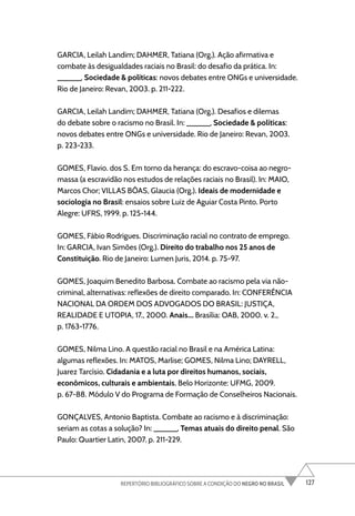 127
REPERTÓRIO BIBLIOGRÁFICO SOBRE A CONDIÇÃO DO NEGRO NO BRASIL
GARCIA, Leilah Landim; DAHMER, Tatiana (Org.). Ação afirmativa e
combate às desigualdades raciais no Brasil: do desafio da prática. In:
______. Sociedade & políticas: novos debates entre ONGs e universidade.
Rio de Janeiro: Revan, 2003. p. 211-222.
GARCIA, Leilah Landim; DAHMER, Tatiana (Org.). Desafios e dilemas
do debate sobre o racismo no Brasil. In: ______. Sociedade & políticas:
novos debates entre ONGs e universidade. Rio de Janeiro: Revan, 2003.
p. 223-233.
GOMES, Flavio. dos S. Em torno da herança: do escravo-coisa ao negro-
massa (a escravidão nos estudos de relações raciais no Brasil). In: MAIO,
Marcos Chor; VILLAS BÔAS, Glaucia (Org.). Ideais de modernidade e
sociologia no Brasil: ensaios sobre Luiz de Aguiar Costa Pinto. Porto
Alegre: UFRS, 1999. p. 125-144.
GOMES, Fábio Rodrigues. Discriminação racial no contrato de emprego.
In: GARCIA, Ivan Simões (Org.). Direito do trabalho nos 25 anos de
Constituição. Rio de Janeiro: Lumen Juris, 2014. p. 75-97.
GOMES, Joaquim Benedito Barbosa. Combate ao racismo pela via não-
criminal, alternativas: reflexões de direito comparado. In: CONFERÊNCIA
NACIONAL DA ORDEM DOS ADVOGADOS DO BRASIL: JUSTIÇA,
REALIDADE E UTOPIA, 17., 2000. Anais... Brasília: OAB, 2000. v. 2.,
p. 1763-1776.
GOMES, Nilma Lino. A questão racial no Brasil e na América Latina:
algumas reflexões. In: MATOS, Marlise; GOMES, Nilma Lino; DAYRELL,
Juarez Tarcísio. Cidadania e a luta por direitos humanos, sociais,
econômicos, culturais e ambientais. Belo Horizonte: UFMG, 2009.
p. 67-88. Módulo V do Programa de Formação de Conselheiros Nacionais.
GONÇALVES, Antonio Baptista. Combate ao racismo e à discriminação:
seriam as cotas a solução? In: ______. Temas atuais do direito penal. São
Paulo: Quartier Latin, 2007. p. 211-229.
 