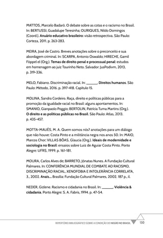 130
REPERTÓRIO BIBLIOGRÁFICO SOBRE A CONDIÇÃO DO NEGRO NO BRASIL
MATTOS, Marcelo Badaró. O debate sobre as cotas e o racismo no Brasil.
In: BERTUSSI, Guadalupe Teresinha; OURIQUES, Nildo Domingos
(Coord.). Anuário educativo brasileiro: visão retrospectiva. São Paulo:
Corteza, 2011. p. 263-283.
MEIRA, José de Castro. Breves anotações sobre o preconceito e sua
abordagem criminal. In: SCARPA, Antonio Oswaldo; HIRECHE, Gamil
Föppel el (Org.). Temas de direito penal e processual penal: estudos
em homenagem ao juiz Tourinho Neto. Salvador: JusPodivm, 2013,
p. 319-336.
MELO, Fabiano. Discriminação racial. In: ______. Direitos humanos. São
Paulo: Método, 2016. p. 397-418. Capítulo 15.
MOLINA, Sandra Cordeiro. Raça, direito e políticas públicas para a
promoção da igualdade racial no Brasil: alguns apontamentos. In:
SMANIO, Gianpaolo Poggio; BERTOLIN, Patrícia Tuma Martins (Org.).
O direito e as políticas públicas no Brasil. São Paulo: Atlas, 2013.
p. 435-457.
MOTTA-MAUÉS, M. A. Quem somos nós? anotações para um diálogo
que não houve: Costa Pinto e a militância negra nos anos 50. In: MAIO,
Marcos Chor; VILLAS BÔAS, Glaucia (Org.). Ideais de modernidade e
sociologia no Brasil: ensaios sobre Luiz de Aguiar Costa Pinto. Porto
Alegre: UFRS, 1999. p. 161-181.
MOURA, Carlos Alves de; BARRETO, Jônatas Nunes. A Fundação Cultural
Palmares. In: CONFERÊNCIA MUNDIAL DE COMBATE AO RACISMO,
DISCRIMINAÇÃO RACIAL, XENOFOBIA E INTOLERÂNCIA CORRELATA,
3., 2002. Anais... Brasília: Fundação Cultural Palmares, 2002. 187 p., il.
NEDER, Gizlene. Racismo e cidadania no Brasil. In: ______. Violência &
cidadania. Porto Alegre: S. A. Fabris, 1994. p. 47-54.
 