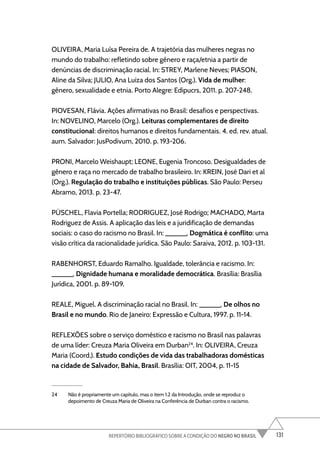131
REPERTÓRIO BIBLIOGRÁFICO SOBRE A CONDIÇÃO DO NEGRO NO BRASIL
OLIVEIRA, Maria Luísa Pereira de. A trajetória das mulheres negras no
mundo do trabalho: refletindo sobre gênero e raça/etnia a partir de
denúncias de discriminação racial. In: STREY, Marlene Neves; PIASON,
Aline da Silva; JULIO, Ana Luiza dos Santos (Org.). Vida de mulher:
gênero, sexualidade e etnia. Porto Alegre: Edipucrs, 2011. p. 207-248.
PIOVESAN, Flávia. Ações afirmativas no Brasil: desafios e perspectivas.
In: NOVELINO, Marcelo (Org.). Leituras complementares de direito
constitucional: direitos humanos e direitos fundamentais. 4. ed. rev. atual.
aum. Salvador: JusPodivum, 2010. p. 193-206.
PRONI, Marcelo Weishaupt; LEONE, Eugenia Troncoso. Desigualdades de
gênero e raça no mercado de trabalho brasileiro. In: KREIN, José Dari et al
(Org.). Regulação do trabalho e instituições públicas. São Paulo: Perseu
Abramo, 2013. p. 23-47.
PÜSCHEL, Flavia Portella; RODRIGUEZ, José Rodrigo; MACHADO, Marta
Rodriguez de Assis. A aplicação das leis e a juridificação de demandas
sociais: o caso do racismo no Brasil. In: ______. Dogmática é conflito: uma
visão crítica da racionalidade jurídica. São Paulo: Saraiva, 2012. p. 103-131.
RABENHORST, Eduardo Ramalho. Igualdade, tolerância e racismo. In:
______. Dignidade humana e moralidade democrática. Brasília: Brasília
Jurídica, 2001. p. 89-109.
REALE, Miguel. A discriminação racial no Brasil. In: ______. De olhos no
Brasil e no mundo. Rio de Janeiro: Expressão e Cultura, 1997. p. 11-14.
REFLEXÕES sobre o serviço doméstico e racismo no Brasil nas palavras
de uma líder: Creuza Maria Oliveira em Durban24
. In: OLIVEIRA, Creuza
Maria (Coord.). Estudo condições de vida das trabalhadoras domésticas
na cidade de Salvador, Bahia, Brasil. Brasília: OIT, 2004, p. 11-15
24 Não é propriamente um capítulo, mas o item 1.2 da Introdução, onde se reproduz o
depoimento de Creuza Maria de Oliveira na Conferência de Durban contra o racismo.
 