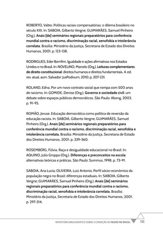 133
REPERTÓRIO BIBLIOGRÁFICO SOBRE A CONDIÇÃO DO NEGRO NO BRASIL
ROBERTO, Valter. Políticas raciais compensatórias: o dilema brasileiro no
século XXI. In: SABOIA, Gilberto Vergne; GUIMARÃES, Samuel Pinheiro
(Org.). Anais [de] seminários regionais preparatórios para conferência
mundial contra o racismo, discriminação racial, xenofobia e intolerância
correlata. Brasília: Ministério da Justiça, Secretaria de Estado dos Direitos
Humanos, 2001. p. 123-138.
RODRIGUES, Eder Bomfim. Igualdade e ações afirmativas nos Estados
Unidos e no Brasil. In: NOVELINO, Marcelo (Org.). Leituras complementares
de direito constitucional: direitos humanos e direitos fundamentais. 4. ed.
rev. atual. aum. Salvador: JusPodivum, 2010. p. 207-231.
ROLAND, Edna. Por um novo contrato social que rompa com 500 anos
de racismo. In: GOMIDE, Denise (Org.). Governo e sociedade civil: um
debate sobre espaços públicos democráticos. São Paulo: Abong, 2003.
p. 91-95.
ROMÃO, Jeruse. Educação democrática como política de reversão da
educação racista. In: SABOIA, Gilberto Vergne; GUIMARÃES, Samuel
Pinheiro (Org.). Anais [de] seminários regionais preparatórios para
conferência mundial contra o racismo, discriminação racial, xenofobia e
intolerância correlata. Brasília: Ministério da Justiça, Secretaria de Estado
dos Direitos Humanos, 2001. p. 339-360.
ROSEMBERG, Fúlvia. Raça e desigualdade educacional no Brasil. In:
AQUINO, Julio Groppa (Org.). Diferenças e preconceitos na escola:
alternativas teóricas e práticas. São Paulo: Summus, 1998. p. 73-91.
SABOIA, Ana Lucia; OLIVEIRA, Luiz Antonio. Perfil sócio-econômico da
população negra no Brasil: diferenças estaduais. In: SABOIA, Gilberto
Vergne; GUIMARÃES, Samuel Pinheiro (Org.). Anais [de] seminários
regionais preparatórios para conferência mundial contra o racismo,
discriminação racial, xenofobia e intolerância correlata. Brasília:
Ministério da Justiça, Secretaria de Estado dos Direitos Humanos, 2001.
p. 297-314.
 