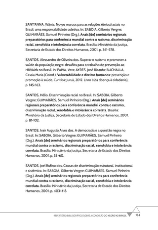 134
REPERTÓRIO BIBLIOGRÁFICO SOBRE A CONDIÇÃO DO NEGRO NO BRASIL
SANT’ANNA, Wânia. Novos marcos para as relações étnico/raciais no
Brasil: uma responsabilidade coletiva. In: SABOIA, Gilberto Vergne;
GUIMARÃES, Samuel Pinheiro (Org.). Anais [de] seminários regionais
preparatórios para conferência mundial contra o racismo, discriminação
racial, xenofobia e intolerância correlata. Brasília: Ministério da Justiça,
Secretaria de Estado dos Direitos Humanos, 2001. p. 361-378.
SANTOS, Alessandro de Oliveira dos. Superar o racismo e promover a
saúde da população negra: desafios para o trabalho de prevenção ao
HIV/Aids no Brasil. In: PAIVA, Vera; AYRES, José Ricardo; BUCHALLA,
Cassia Maria (Coord.). Vulnerabilidade e direitos humanos: prevenção e
promoção à saúde. Curitiba: Juruá, 2012. Livro I (da doença à cidadania),
p. 145-163.
SANTOS, Hélio. Discriminação racial no Brasil. In: SABOIA, Gilberto
Vergne; GUIMARÃES, Samuel Pinheiro (Org.). Anais [de] seminários
regionais preparatórios para conferência mundial contra o racismo,
discriminação racial, xenofobia e intolerância correlata. Brasília:
Ministério da Justiça, Secretaria de Estado dos Direitos Humanos, 2001.
p. 81-102.
SANTOS, Ivair Augusto Alves dos. A democracia e a questão negra no
Brasil. In: SABOIA, Gilberto Vergne; GUIMARÃES, Samuel Pinheiro
(Org.). Anais [de] seminários regionais preparatórios para conferência
mundial contra o racismo, discriminação racial, xenofobia e intolerância
correlata. Brasília: Ministério da Justiça, Secretaria de Estado dos Direitos
Humanos, 2001. p. 53-60.
SANTOS, Joel Rufino dos. Causas de discriminação estrutural, institucional
e sistêmica. In: SABOIA, Gilberto Vergne; GUIMARÃES, Samuel Pinheiro
(Org.). Anais [de] seminários regionais preparatórios para conferência
mundial contra o racismo, discriminação racial, xenofobia e intolerância
correlata. Brasília: Ministério da Justiça, Secretaria de Estado dos Direitos
Humanos, 2001. p. 403-418.
 