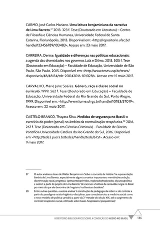 146
REPERTÓRIO BIBLIOGRÁFICO SOBRE A CONDIÇÃO DO NEGRO NO BRASIL
CARMO, José Carlos Mariano. Uma leitura benjaminiana da narrativa
de Lima Barreto.27
2013. 323 f. Tese (Doutorado em Literatura) – Centro
de Filosofia e Ciências Humanas, Universidade Federal de Santa
Catarina, Florianópolis, 2013. Disponível em: <http://repositorio.ufsc.br/
handle/123456789/103483>. Acesso em: 23 maio 2017.
CARREIRA, Denise. Igualdade e diferenças nas políticas educacionais:
a agenda das diversidades nos governos Lula e Dilma. 2015. 505 f. Tese
(Doutorado em Educação) – Faculdade de Educação, Universidade de São
Paulo, São Paulo, 2015. Disponível em: <http://www.teses.usp.br/teses/
disponiveis/48/48134/tde-20042016-101028/>. Acesso em: 15 maio 2017.
CARVALHO, Marie Jane Soares. Gênero, raça e classe social no
currículo. 1999. 562 f. Tese (Doutorado em Educação) – Faculdade de
Educação, Universidade Federal do Rio Grande do Sul, Porto Alegre,
1999. Disponível em: <http://www.lume.ufrgs.br/handle/10183/37019>.
Acesso em: 22 maio 2017.
CASTELO BRANCO, Thayara Silva. Medidas de segurança no Brasil: o
exercício do poder (penal) no âmbito da normalização terapêutica.28
2016.
267 f. Tese (Doutorado em Ciências Criminais) – Faculdade de Direito,
Pontifícia Universidade Católica do Rio Grande do Sul, 2016. Disponível
em: <http://tede2.pucrs.br/tede2/handle/tede/6751>. Acesso em:
9 maio 2017.
27 O autor analisa as teses de Walter Benjamin em Sobre o conceito de história “na representação
literária de Lima Barreto, especialmente alguns conceitos importantes: memória/recordação,
discriminação racial, progresso, opressores/oprimidos, explorador/explorados, discurso/política
e outros”, a partir do projeto de Lima Barreto “de escrever a história da escravidão negra no Brasil
por meio do que ele denomina de ‘negrismo’ na literatura brasileira”.
28 Entre outras questões, a autora analisa “a construção da pedagogia da ordem e do controle a
partir do paradigma racista-higiênico-disciplinar, que consubstanciou a medicina social como
o novo modelo de política sanitária a partir da 2ª metade do século XIX, até o surgimento do
controle terapêutico social, edificado sobre bases hospitalares (psiquiátricas)”.
 