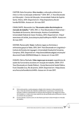 147
REPERTÓRIO BIBLIOGRÁFICO SOBRE A CONDIÇÃO DO NEGRO NO BRASIL
CASTOR, Katia Gonçalves. Gira-mundos: a educação ambiental no
mito e o mito na educação ambiental.29
2014. 181 f., il. Tese (Doutorado
em Educação) – Centro de Educação, Universidade Federal do Espírito
Santo, Vitória, 2014. Disponível em: <http://repositorio.ufes.br/
handle/10/1306>. Acesso em: 26 maio 2017.
CAVALCANTE, Alexsandre Lira. Três ensaios sobre discriminação no
mercado de trabalho.30
2015. 295 f., il. Tese (Doutorado em Economia) –
Faculdade de Economia, Administração, Atuária e Contabilidade,
Universidade Federal do Ceará, Fortaleza, 2015. Disponível em: <http://
www.teses.ufc.br/tde_busca/arquivo.php?codArquivo=16229>. Acesso em:
26 maio 2017.
CESTARI, Mariana Jafet. Vozes: mulheres negras ou feministas e
antirracistas graças às Yabás. 2015. 264 f. Tese (Doutorado em Linguística) –
Instituto de Estudos da Linguagem, Universidade Estadual de Campinas,
Campinas, 2015. Disponível em: <http://www.bibliotecadigital.unicamp.br/
document/?code=000963234&opt=4>. Acesso em: 5 maio 2017.
CHAVES, Fátima Machado. Vidas negras que se esvaem: experiências de
saúde dos funcionários escolares em situação de trabalho. 2004. 272 f.
Tese (Doutorado em Saúde Pública) – Escola Nacional de Saúde Pública,
Fund. Oswaldo Cruz, Rio de Janeiro, 2004. Disponível em: <https://www.
arca.fiocruz.br/handle/icict/4490>. Acesso em: 8 maio 2017.
29 Entre outros pontos, a autora pesquisa a relação entre natureza e cultura presente nos
ritos e mitos dos terreiros de umbanda e problematiza “os processos e mecanismos de
exclusão e violência materializados em posturas discriminatórias e de negação da cultura
afro-brasileira e o modo como essas experiências são partilhadas pelos professores e alunos
no contexto de suas práticas”.
30 O autor aborda o racismo como um dos fatores que levam à discriminação no mercado
de trabalho.
 