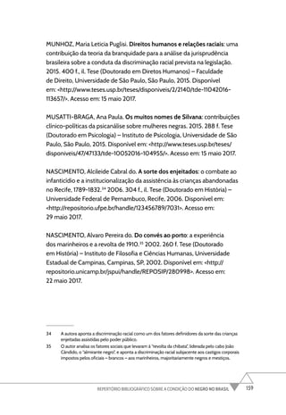 159
REPERTÓRIO BIBLIOGRÁFICO SOBRE A CONDIÇÃO DO NEGRO NO BRASIL
MUNHOZ, Maria Leticia Puglisi. Direitos humanos e relações raciais: uma
contribuição da teoria da branquidade para a análise da jurisprudência
brasileira sobre a conduta da discriminação racial prevista na legislação.
2015. 400 f., il. Tese (Doutorado em Diretos Humanos) – Faculdade
de Direito, Universidade de São Paulo, São Paulo, 2015. Disponível
em: <http://www.teses.usp.br/teses/disponiveis/2/2140/tde-11042016-
113657/>. Acesso em: 15 maio 2017.
MUSATTI-BRAGA, Ana Paula. Os muitos nomes de Silvana: contribuições
clínico-políticas da psicanálise sobre mulheres negras. 2015. 288 f. Tese
(Doutorado em Psicologia) – Instituto de Psicologia, Universidade de São
Paulo, São Paulo, 2015. Disponível em: <http://www.teses.usp.br/teses/
disponiveis/47/47133/tde-10052016-104955/>. Acesso em: 15 maio 2017.
NASCIMENTO, Alcileide Cabral do. A sorte dos enjeitados: o combate ao
infanticídio e a institucionalização da assistência às crianças abandonadas
no Recife, 1789-1832.34
2006. 304 f., il. Tese (Doutorado em História) –
Universidade Federal de Pernambuco, Recife, 2006. Disponível em:
<http://repositorio.ufpe.br/handle/123456789/7031>. Acesso em:
29 maio 2017.
NASCIMENTO, Alvaro Pereira do. Do convés ao porto: a experiência
dos marinheiros e a revolta de 1910.35
2002. 260 f. Tese (Doutorado
em História) – Instituto de Filosofia e Ciências Humanas, Universidade
Estadual de Campinas, Campinas, SP, 2002. Disponível em: <http://
repositorio.unicamp.br/jspui/handle/REPOSIP/280998>. Acesso em:
22 maio 2017.
34 A autora aponta a discriminação racial como um dos fatores definidores da sorte das crianças
enjeitadas assistidas pelo poder público.
35 O autor analisa os fatores sociais que levaram à “revolta da chibata”, liderada pelo cabo João
Cândido, o “almirante negro”, e aponta a discriminação racial subjacente aos castigos corporais
impostos pelos oficiais – brancos – aos marinheiros, majoritariamente negros e mestiços.
 