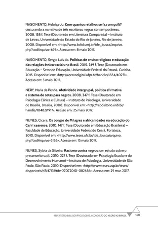 160
REPERTÓRIO BIBLIOGRÁFICO SOBRE A CONDIÇÃO DO NEGRO NO BRASIL
NASCIMENTO, Heloísa do. Com quantos retalhos se faz um quilt?
costurando a narrativa de três escritoras negras contemporâneas.
2008. 158 f. Tese (Doutorado em Literatura Comparada) – Instituto
de Letras, Universidade do Estado do Rio de Janeiro, Rio de Janeiro,
2008. Disponível em: <http://www.bdtd.uerj.br/tde_busca/arquivo.
php?codArquivo=696>. Acesso em: 8 maio 2017.
NASCIMENTO, Sergio Luís do. Políticas de ensino religioso e educação
das relações étnico-raciais no Brasil. 2015. 249 f. Tese (Doutorado em
Educação – Setor de Educação, Universidade Federal do Paraná, Curitiba,
2015. Disponível em: <http://acervodigital.ufpr.br/handle/1884/40271>.
Acesso em: 5 maio 2017.
NERY, Maria da Penha. Afetividade intergrupal, política afirmativa
e sistema de cotas para negros. 2008. 247 f. Tese (Doutorado em
Psicologia Clínica e Cultura) – Instituto de Psicologia, Universidade
de Brasília, Brasília, 2008. Disponível em: <http://repositorio.unb.br/
handle/10482/1917>. Acesso em: 25 maio 2017.
NUNES, Cícera. Os congos de Milagres e africanidades na educação do
Cariri cearense. 2010. 147 f. Tese (Doutorado em Educação Brasileira) –
Faculdade de Educação, Universidade Federal do Ceará, Fortaleza,
2010. Disponível em: <http://www.teses.ufc.br/tde_busca/arquivo.
php?codArquivo=5166>. Acesso em: 15 maio 2017.
NUNES, Sylvia da Silveira. Racismo contra negros: um estudo sobre o
preconceito sutil. 2010. 227 f. Tese (Doutorado em Psicologia Escolar e do
Desenvolvimento Humano) – Instituto de Psicologia, Universidade de São
Paulo, São Paulo, 2010. Disponível em: <http://www.teses.usp.br/teses/
disponiveis/47/47131/tde-27072010-082636>. Acesso em: 29 mar. 2017.
 