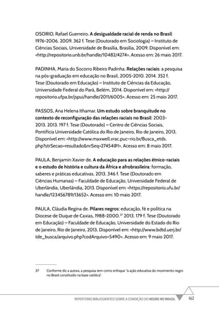 162
REPERTÓRIO BIBLIOGRÁFICO SOBRE A CONDIÇÃO DO NEGRO NO BRASIL
OSORIO, Rafael Guerreiro. A desigualdade racial de renda no Brasil:
1976-2006. 2009. 362 f. Tese (Doutorado em Sociologia) – Instituto de
Ciências Sociais, Universidade de Brasília, Brasília, 2009. Disponível em:
<http://repositorio.unb.br/handle/10482/4274>. Acesso em: 26 maio 2017.
PADINHA, Maria do Socorro Ribeiro Padinha. Relações raciais: a pesquisa
na pós-graduação em educação no Brasil, 2005-2010. 2014. 352 f.
Tese (Doutorado em Educação) – Instituto de Ciências da Educação,
Universidade Federal do Pará, Belém, 2014. Disponível em: <http://
repositorio.ufpa.br/jspui/handle/2011/6005>. Acesso em: 25 maio 2017.
PASSOS, Ana Helena Ithamar. Um estudo sobre branquitude no
contexto de reconfiguração das relações raciais no Brasil: 2003-
2013. 2013. 197 f. Tese (Doutorado) – Centro de Ciências Sociais,
Pontifícia Universidade Católica do Rio de Janeiro, Rio de Janeiro, 2013.
Disponível em: <http://www.maxwell.vrac.puc–rio.br/Busca_etds.
php?strSecao=resultado&nrSeq=27454@1>. Acesso em: 8 maio 2017.
PAULA, Benjamin Xavier de. A educação para as relações étnico-raciais
e o estudo de história e cultura da África e afrobrasileira: formação,
saberes e práticas educativas. 2013. 346 f. Tese (Doutorado em
Ciências Humanas) – Faculdade de Educação, Universidade Federal de
Uberlândia, Uberlândia, 2013. Disponível em: <https://repositorio.ufu.br/
handle/123456789/13652>. Acesso em: 10 maio 2017.
PAULA, Cláudia Regina de. Pilares negros: educação, fé e política na
Diocese de Duque de Caxias, 1988-2000.37
2013. 179 f. Tese (Doutorado
em Educação) – Faculdade de Educação, Universidade do Estado do Rio
de Janeiro, Rio de Janeiro, 2013. Disponível em: <http://www.bdtd.uerj.br/
tde_busca/arquivo.php?codArquivo=5490>. Acesso em: 9 maio 2017.
37 Conforme diz a autora, a pesquisa tem como enfoque “a ação educativa do movimento negro
no Brasil constituído na base católica”.
 