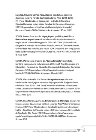 177
REPERTÓRIO BIBLIOGRÁFICO SOBRE A CONDIÇÃO DO NEGRO NO BRASIL
SOARES, Claudete Gomes. Raça, classe e cidadania: a trajetória
do debate racial no Partido dos Trabalhadores, 1980-2003. 2009.
221 f. Tese (Doutorado em Sociologia) – Instituto de Filosofia e
Ciências Humanas, Universidade Estadual de Campinas, Campinas,
2009. Disponível em: <http://www.bibliotecadigital.unicamp.br/
document/?code=000447461&opt=4>. Acesso em: 25 abr. 2017.
SOUZA, Lorena Francisco de. Migração para qualificação da força
de trabalho e a questão racial: estudantes africanos/as lusófonos/as
negros/as em universidades goianas. 2014. 169 f. Tese (Doutorado em
Geografia Humana) – Faculdade de Filosofia, Letras e Ciências Humanas,
Universidade de São Paulo, São Paulo, 2014. Disponível em: <http://www.
teses.usp.br/teses/disponiveis/8/8136/tde-12122014-193729/>. Acesso em:
15 maio 2017.
SOUZA, Márcia Lúcia Anacleto de. “Ser quilombola”: identidade,
território e educação na cultura infantil. 2015. 265 f. Tese (Doutorado em
Educação) – Faculdade de Educação, Universidade Estadual de Campinas,
Campinas, SP. Disponível em: <http://repositorio.unicamp.br/jspui/
handle/REPOSIP/305006>. Acesso em: 18 maio 2017.
SOUZA, Marcos Aurélio dos Santos. Renegado começo: discurso
fundacional e mestiçagem: narrativas de Jorge Amado, Sosígenes Costa
e Adonias Filho. 2010. 236 f. Tese (Doutorado em Letras) – Instituto de
Letras, Universidade Federal da Bahia, Instituto de Letras, Salvador, 2010.
Disponível em: <http://www.repositorio.ufba.br/ri/handle/ri/8377>. Acesso
em: 23 maio 2017.
SOUZA, Rosa Maria Laquimia de. Similaridades e diferenças: o negro nos
Estados Unidos da América e no Brasil segundo Alice Walker e Conceição
Evaristo. 2009. Tese (Doutorado em Estudos Linguísticos e Literários em
Inglês) – Faculdade de Filosofia, Letras e Ciências Humanas, Universidade
de São Paulo, São Paulo, 2009. Disponível em: <http://www.teses.
usp.br/teses/disponiveis/8/8147/tde-17082009-143956/>. Acesso em:
18 maio 2017.
 