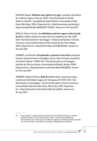 178
REPERTÓRIO BIBLIOGRÁFICO SOBRE A CONDIÇÃO DO NEGRO NO BRASIL
SOUZAS, Raquel. Relações raça e gênero em jogo: a questão reprodutiva
de mulheres negras e brancas. 2004. Tese (Doutorado em Saúde
Materno-Infantil) – Faculdade de Saúde Pública, Universidade de São
Paulo, São Paulo, 2004. Disponível em: <http://www.teses.usp.br/teses/
disponiveis/6/6136/tde-28082007-175532/>. Acesso em: 18 maio 2017.
SPOLLE, Marcus Vinicius. A mobilidade social dos negros no Rio Grande
do Sul: os efeitos da discriminação racial nas trajetórias de vida. 2010.
160 f. Tese (Doutorado em Sociologia) – Instituto de Filosofia e Ciências
Humanas, Universidade Federal do Rio Grande do Sul, Porto Alegre,
2010. Disponível em: <http://hdl.handle.net/10183/26728>. Acesso em:
22 maio 2017.
TAVARES, Luiz Breitner. Na quebrada, a parceira é mais forte: juventude
hip hop, relacionamento e estratégias contra a discriminação na periferia
do Distrito Federal.39
2009. 136 f. Tese (Doutorado em Sociologia) –
Instituto de Ciências Sociais, Universidade de Brasília, Brasília, 2009.
Disponível em: <http://repositorio.unb.br/handle/10482/3833>. Acesso
em: 26 maio 2017.
TENÓRIO, Valquíria Pereira. Baile do Carmo: festa, movimento negro
e política de identidades negras em Araraquara-SP. 2010. 236 f. Tese
(Doutorado em Sociologia) – Centro de Educação e Ciências Humanas,
Universidade Federal de São Carlos, São Carlos, 2013. Disponível
em: <https://repositorio.ufscar.br/handle/ufscar/6675>. Acesso em:
18 maio 2017.
39 O autor aborda a “marginalização da juventude de comunidades localizadas na periferia
do Distrito Federal” e, entre outras questões, utiliza a “narrativa sobre experiências
discriminatórias” como “base para uma análise do imaginário racial dessa juventude que sofre
com a discriminação, mas estabelece suas próprias estratégias para enfrentá-la”.
 