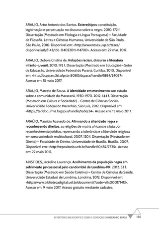 188
REPERTÓRIO BIBLIOGRÁFICO SOBRE A CONDIÇÃO DO NEGRO NO BRASIL
ARAUJO, Artur Antonio dos Santos. Estereótipos: constituição,
legitimação e perpetuação no discurso sobre o negro. 2010. 172 f.
Dissertação (Mestrado em Filologia e Língua Portuguesa) – Faculdade
de Filosofia, Letras e Ciências Humanas, Universidade de São Paulo,
São Paulo, 2010. Disponível em: <http://www.teses.usp.br/teses/
disponiveis/8/8142/tde-04022011-114700>. Acesso em: 29 mar. 2017.
ARAUJO, Debora Cristina de. Relações raciais, discurso e literatura
infanto-juvenil. 2010. 192 f. Dissertação (Mestrado em Educação) – Setor
de Educação, Universidade Federal do Paraná, Curitiba, 2010. Disponível
em: <http://dspace.c3sl.ufpr.br:8080/dspace/handle/1884/24037>.
Acesso em: 15 maio 2017.
ARAUJO, Marcelo de Sousa. A identidade em movimento: um estudo
sobre a comunidade do Maracanã, 1930-1970. 2012. 144 f. Dissertação
(Mestrado em Cultura e Sociedade) – Centro de Ciências Sociais,
Universidade Federal do Maranhão, São Luís, 2012. Disponível em:
<https://tedebc.ufma.br/jspui/handle/tede/24>. Acesso em: 15 maio 2017.
ARAÚJO, Maurício Azevedo de. Afirmando a alteridade negra e
reconhecendo direitos: as religiões de matriz africana e a luta por
reconhecimento jurídico, repensando a tolerância e a liberdade religiosa
em uma sociedade multicultural. 2007. 120 f. Dissertação (Mestrado em
Direito) – Faculdade de Direito, Universidade de Brasília, Brasília, 2007.
Disponível em: <http://repositorio.unb.br/handle/10482/7325>. Acesso
em: 22 maio 2017.
ARISTIDES, Jackeline Lourenço. Acolhimento da população negra em
sofrimento psicossocial pelo candomblé de Londrina-PR. 2012. 53 f.
Dissertação (Mestrado em Saúde Coletiva) – Centro de Ciências da Saúde,
Universidade Estadual de Londrina, Londrina, 2012. Disponível em:
<http://www.bibliotecadigital.uel.br/document/?code=vtls000171413>.
Acesso em: 9 maio 2017. Acesso gratuito mediante cadastro.
 