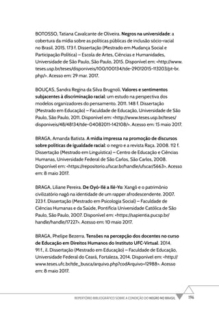 196
REPERTÓRIO BIBLIOGRÁFICO SOBRE A CONDIÇÃO DO NEGRO NO BRASIL
BOTOSSO, Tatiana Cavalcante de Oliveira. Negros na universidade: a
cobertura da mídia sobre as políticas públicas de inclusão sócio-racial
no Brasil. 2015. 173 f. Dissertação (Mestrado em Mudança Social e
Participação Política) – Escola de Artes, Ciências e Humanidades,
Universidade de São Paulo, São Paulo, 2015. Disponível em: <http://www.
teses.usp.br/teses/disponiveis/100/100134/tde-29012015-113203/pt-br.
php/>. Acesso em: 29 mar. 2017.
BOUÇAS, Sandra Regina da Silva Brugnoli. Valores e sentimentos
subjacentes à discriminação racial: um estudo na perspectiva dos
modelos organizadores do pensamento. 2011. 148 f. Dissertação
(Mestrado em Educação) – Faculdade de Educação, Universidade de São
Paulo, São Paulo, 2011. Disponível em: <http://www.teses.usp.br/teses/
disponiveis/48/48134/tde-04082011-142108/>. Acesso em: 15 maio 2017.
BRAGA, Amanda Batista. A mídia impressa na promoção de discursos
sobre políticas de igualdade racial: o negro e a revista Raça. 2008. 112 f.
Dissertação (Mestrado em Linguística) – Centro de Educação e Ciências
Humanas, Universidade Federal de São Carlos, São Carlos, 2008.
Disponível em: <https://repositorio.ufscar.br/handle/ufscar/5663>. Acesso
em: 8 maio 2017.
BRAGA, Liliane Pereira. De Oyó-Ilé a Ilé-Yo: Xangô e o patrimônio
civilizatório nagô na identidade de um rapper afrodescendente. 2007.
223 f. Dissertação (Mestrado em Psicologia Social) – Faculdade de
Ciências Humanas e da Saúde, Pontifícia Universidade Católica de São
Paulo, São Paulo, 2007. Disponível em: <https://sapientia.pucsp.br/
handle/handle/17227>. Acesso em: 10 maio 2017.
BRAGA, Phelipe Bezerra. Tensões na percepção dos docentes no curso
de Educação em Direitos Humanos do Instituto UFC-Virtual. 2014.
91 f., il. Dissertação (Mestrado em Educação) – Faculdade de Educação,
Universidade Federal do Ceará, Fortaleza, 2014. Disponível em: <http://
www.teses.ufc.br/tde_busca/arquivo.php?codArquivo=12988>. Acesso
em: 8 maio 2017.
 