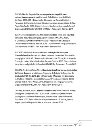 199
REPERTÓRIO BIBLIOGRÁFICO SOBRE A CONDIÇÃO DO NEGRO NO BRASIL
BUENO, Natalia Salgado. Raça e comportamento político em
perspectiva comparada: evidências de Belo Horizonte e da Cidade
do Cabo. 2010. 190 f. Dissertação (Mestrado em Ciência Política) –
Faculdade de Filosofia, Letras e Ciências Humanas, Universidade de São
Paulo, São Paulo, 2010. Disponível em: <http://www.teses.usp.br/teses/
disponiveis/8/8131/tde-12112010-120405/>. Acesso em: 25 maio 2017.
BUZAR, Francisco José Roma. Interseccionalidade entre raça e surdez:
a situação de surdos(as) negros(as) em São Luís-MA. 2012. 155 f.,
il. Dissertação (Mestrado em Educação) – Faculdade de Educação,
Universidade de Brasília, Brasília, 2012. Disponível em: <http://repositorio.
unb.br/handle/10482/12219>. Acesso em: 26 maio 2017.
BUZATTO, Odete do Rocio. Análise da formação docente para
diversidade cultural na escola básica: as novas dimensões do trabalho
pedagógico. 2015. 162 f. Dissertação (Mestrado em Educação) – Setor de
Educação, Universidade Federal do Paraná, Curitiba, 2015. Disponível em:
<http://acervodigital.ufpr.br/handle/1884/42112>. Acesso em: 8 maio 2017.
CABRAL, Frederico Matos Alves. Os estudantes africanos nas Instituições
de Ensino Superior brasileiras: o Programa de Estudante Convênio de
Graduação (PEC-G). 2015. 203 f. Dissertação (Mestrado em Sociologia) –
Instituto de Filosofia e Ciências Humanas, Universidade Federal do Rio
Grande do Sul, Porto Alegre, 2015. Disponível em <http://www.lume.
ufrgs.br/handle/10183/131630>. Acesso em: 8 maio 2017.
CABRAL, Marcelle Arruda. Identidade étnico-racial em contexto lúdico:
um jogo de cartas marcadas? 2007. 118 f. Dissertação (Mestrado em
Educação) – Faculdade de Educação, Universidade Federal do Ceará,
Fortaleza, 2007. Disponível em: <http://www.teses.ufc.br/tde_busca/
arquivo.php?codArquivo=846>. Acesso em: 26 maio 2017.
 