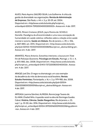 20
REPERTÓRIO BIBLIOGRÁFICO SOBRE A CONDIÇÃO DO NEGRO NO BRASIL
ALVES, Mario Aquino; GALEÃO-SILVA, Luis Guilherme. A crítica da
gestão da diversidade nas organizações. Revista de Administração
de Empresas, São Paulo, v. 44, n. 3, p. 20-29, set. 2004.
Disponível em: <http//www.scielo.br/scielo.php?script=sci_
arttext&pid=S0034-75902004000300003>. Acesso em: 4 abr. 2017.
ALVES, Míriam Cristiane; JESUS, Jayro Pereira de; SCHOLZ,
Danielle. Paradigma da afrocentricidade e uma nova concepção de
humanidade em saúde coletiva: reflexões sobre a relação entre saúde
mental e racismo. Saúde em Debate, Rio de Janeiro, v. 39, n. 106,
p. 869-880, set. 2015. Disponível em: <http://www.scielo.br/scielo.
php?pid=S0103-11042015000300869&script=sci_abstract&tlng=pt>.
Acesso em: 4 abr. 2017.
ARANTES, Marco Antonio. Estranhos interiores: a loucura em Triste
fim de Policarpo Quaresma. Psicologia em Estudo, Maringá, v. 13, n. 4,
p. 875-883, dez. 2008. Disponível em: <http://www.scielo.br/scielo.
php?script=sci_arttext&pid=S1413-73722008000400026>. Acesso
em: 4 abr. 2017.
ARAÚJO, Joel Zito. O negro na dramaturgia: um caso exemplar
da decadência do mito da democracia racial brasileira. Revista
Estudos Feministas, Florianópolis, v. 16, n. 3, p. 979-985, dez. 2008.
Disponível em: <http://www.scielo.br/scielo.php?pid=S0104-
026X2008000300016&script=sci_abstract&tlng=pt>. Acesso em:
4 abr. 2017.
ARTEAGA, Juanma Sánchez; ALMEIDA, Ronnie Jorge Tavares de;
EL-HANI, Charbel Niño. A questão racial na obra de Domingos Guedes
Cabral. História, Ciências, Saúde-Manguinhos, Rio de Janeiro, v. 23,
supl. 1, p. 33-50, dez. 2016. Disponível em: <http://www.scielo.br/scielo.
php?script=sci_arttext&pid=S0104-59702016000900033&lng=pt&nrm
=iso>. Acesso em: 4 abr. 2017.
 