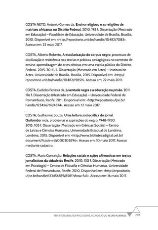207
REPERTÓRIO BIBLIOGRÁFICO SOBRE A CONDIÇÃO DO NEGRO NO BRASIL
COSTA NETO, Antonio Gomes da. Ensino religioso e as religiões de
matrizes africanas no Distrito Federal. 2010. 198 f. Dissertação (Mestrado
em Educação) – Faculdade de Educação, Universidade de Brasília, Brasília,
2010. Disponível em: <http://repositorio.unb.br/handle/10482/7083>.
Acesso em: 22 maio 2017.
COSTA, Alberto Roberto. A escolarização do corpus negro: processos de
docilização e resistência nas teorias e práticas pedagógicas no contexto de
ensino-aprendizagem de artes cênicas em uma escola pública do Distrito
Federal. 2015. 201 f., il. Dissertação (Mestrado em Artes) – Instituto de
Artes, Universidade de Brasília, Brasília, 2015. Disponível em: <http://
repositorio.unb.br/handle/10482/19859>. Acesso em: 22 maio 2017.
COSTA, Euclides Ferreira da. Juventude negra e a educação na prisão. 2011.
176 f. Dissertação (Mestrado em Educação) – Universidade Federal de
Pernambuco, Recife, 2011. Disponível em: <http://repositorio.ufpe.br/
handle/123456789/4874>. Acesso em: 12 maio 2017.
COSTA, Guilherme Souza. Uma leitura sociocrítica do jornal
Quilombo: vida, problemas e aspirações do negro, 1948-1950.
2015. 105 f. Dissertação (Mestrado em Ciências Sociais) – Centro
de Letras e Ciências Humanas, Universidade Estadual de Londrina,
Londrina, 2015. Disponível em: <http://www.bibliotecadigital.uel.br/
document/?code=vtls000203896>. Acesso em: 10 maio 2017. Acesso
mediante cadastro.
COSTA, Maria Conceição. Relações raciais e ações afirmativas em textos
jornalísticos da cidade do Recife. 2010. 130 f. Dissertação (Mestrado
em Psicologia) – Centro de Filosofia e Ciências Humanas, Universidade
Federal de Pernambuco, Recife, 2010. Disponível em: <http://repositorio.
ufpe.br/handle/123456789/8581?show=full>. Acesso em: 16 maio 2017.
 