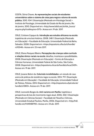 208
REPERTÓRIO BIBLIOGRÁFICO SOBRE A CONDIÇÃO DO NEGRO NO BRASIL
COSTA, Sônia Chaves. As representações sociais de estudantes
universitários sobre o sistema de cotas para negros e alunos de escola
pública. 2010. 104 f. Dissertação (Mestrado em Psicologia Social) –
Instituto de Psicologia, Universidade do Estado do Rio de Janeiro, Rio
de Janeiro, 2010. Disponível em: <http://www.bdtd.uerj.br/tde_busca/
arquivo.php?codArquivo=5172>. Acesso em: 19 abr. 2017.
CRUZ, Cristiane Copque da. Introdução aos estudos africanos na escola:
trajetórias de uma luta histórica. 2008. 248 f. Dissertação (Mestrado
em Educação) – Faculdade de Educação, Universidade Federal da Bahia,
Salvador, 2008. Disponível em: <https://repositorio.ufba.br/ri/handle/
ri/10548>. Acesso em: 23 maio 2017.
CRUZ, Eliana Marques Ribeiro. Percepções das crianças sobre currículo
e relações étnico-raciais na escola: desafios, incertezas e possibilidades.
2008. Dissertação (Mestrado em Educação) – Centro de Educação e
Ciências Humanas, Universidade Federal de São Carlos, São Carlos,
2008. Disponível em: <https://repositorio.ufscar.br/handle/ufscar/2459>.
Acesso em: 19 abr. 2017.
CRUZ, Josiane Beloni da. Colorindo invisibilidades: um estudo de caso
acerca de práticas de resistência negra na escola. 2014. 79 f. Dissertação
(Mestrado em Educação) – Faculdade de Educação, Universidade Federal
de Pelotas, Pelotas, 2014. Disponível em: <http://repositorio.ufpel.edu.br/
handle/ri/2803>. Acesso em: 19 abr. 2017.
CRUZ, Leonardo Borges da. Anti-racismo em Marília: trajetórias e
perspectivas de luta do movimento negro atual. 2006. 206 f. Dissertação
(Mestrado em Ciências Sociais) – Faculdade de Filosofia e Ciências,
Universidade Estadual Paulista, Marília, 2006. Disponível em: <http://hdl.
handle.net/11449/88790>. Acesso em: 24 abr. 2017.
 