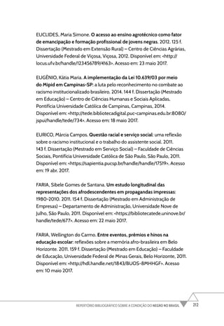 212
REPERTÓRIO BIBLIOGRÁFICO SOBRE A CONDIÇÃO DO NEGRO NO BRASIL
EUCLIDES, Maria Simone. O acesso ao ensino agrotécnico como fator
de emancipação e formação profissional de jovens negras. 2012. 125 f.
Dissertação (Mestrado em Extensão Rural) – Centro de Ciências Agrárias,
Universidade Federal de Viçosa, Viçosa, 2012. Disponível em: <http://
locus.ufv.br/handle/123456789/4163>. Acesso em: 23 maio 2017.
EUGÊNIO, Kátia Maria. A implementação da Lei 10.639/03 por meio
do Mipid em Campinas-SP: a luta pelo reconhecimento no combate ao
racismo institucionalizado brasileiro. 2014. 144 f. Dissertação (Mestrado
em Educação) – Centro de Ciências Humanas e Sociais Aplicadas,
Pontifícia Universidade Católica de Campinas, Campinas, 2014.
Disponível em: <http://tede.bibliotecadigital.puc-campinas.edu.br:8080/
jspui/handle/tede/734>. Acesso em: 18 maio 2017.
EURICO, Márcia Campos. Questão racial e serviço social: uma reflexão
sobre o racismo institucional e o trabalho do assistente social. 2011.
143 f. Dissertação (Mestrado em Serviço Social) – Faculdade de Ciências
Sociais, Pontifícia Universidade Católica de São Paulo, São Paulo, 2011.
Disponível em: <https://sapientia.pucsp.br/handle/handle/17519>. Acesso
em: 19 abr. 2017.
FARIA, Sibele Gomes de Santana. Um estudo longitudinal das
representações dos afrodescendentes em propagandas impressas:
1980-2010. 2011. 154 f. Dissertação (Mestrado em Administração de
Empresas) – Departamento de Administração, Universidade Nove de
Julho, São Paulo, 2011. Disponível em: <https://bibliotecatede.uninove.br/
handle/tede/677>. Acesso em: 22 maio 2017.
FARIA, Wellington do Carmo. Entre eventos, prêmios e hinos na
educação escolar: reflexões sobre a memória afro-brasileira em Belo
Horizonte. 2011. 159 f. Dissertação (Mestrado em Educação) – Faculdade
de Educação, Universidade Federal de Minas Gerais, Belo Horizonte, 2011.
Disponível em: <http://hdl.handle.net/1843/BUOS-8MHHGF>. Acesso
em: 10 maio 2017.
 