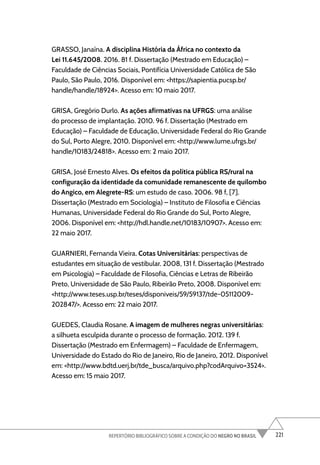221
REPERTÓRIO BIBLIOGRÁFICO SOBRE A CONDIÇÃO DO NEGRO NO BRASIL
GRASSO, Janaína. A disciplina História da África no contexto da
Lei 11.645/2008. 2016. 81 f. Dissertação (Mestrado em Educação) –
Faculdade de Ciências Sociais, Pontifícia Universidade Católica de São
Paulo, São Paulo, 2016. Disponível em: <https://sapientia.pucsp.br/
handle/handle/18924>. Acesso em: 10 maio 2017.
GRISA, Gregório Durlo. As ações afirmativas na UFRGS: uma análise
do processo de implantação. 2010. 96 f. Dissertação (Mestrado em
Educação) – Faculdade de Educação, Universidade Federal do Rio Grande
do Sul, Porto Alegre, 2010. Disponível em: <http://www.lume.ufrgs.br/
handle/10183/24818>. Acesso em: 2 maio 2017.
GRISA, José Ernesto Alves. Os efeitos da política pública RS/rural na
configuração da identidade da comunidade remanescente de quilombo
do Angico, em Alegrete-RS: um estudo de caso. 2006. 98 f, [7].
Dissertação (Mestrado em Sociologia) – Instituto de Filosofia e Ciências
Humanas, Universidade Federal do Rio Grande do Sul, Porto Alegre,
2006. Disponível em: <http://hdl.handle.net/10183/10907>. Acesso em:
22 maio 2017.
GUARNIERI, Fernanda Vieira. Cotas Universitárias: perspectivas de
estudantes em situação de vestibular. 2008, 131 f. Dissertação (Mestrado
em Psicologia) – Faculdade de Filosofia, Ciências e Letras de Ribeirão
Preto, Universidade de São Paulo, Ribeirão Preto, 2008. Disponível em:
<http://www.teses.usp.br/teses/disponiveis/59/59137/tde-05112009-
202847/>. Acesso em: 22 maio 2017.
GUEDES, Claudia Rosane. A imagem de mulheres negras universitárias:
a silhueta esculpida durante o processo de formação. 2012. 139 f.
Dissertação (Mestrado em Enfermagem) – Faculdade de Enfermagem,
Universidade do Estado do Rio de Janeiro, Rio de Janeiro, 2012. Disponível
em: <http://www.bdtd.uerj.br/tde_busca/arquivo.php?codArquivo=3524>.
Acesso em: 15 maio 2017.
 