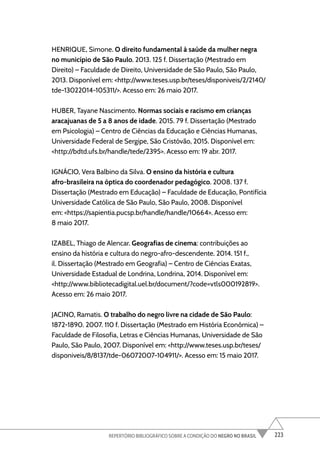 223
REPERTÓRIO BIBLIOGRÁFICO SOBRE A CONDIÇÃO DO NEGRO NO BRASIL
HENRIQUE, Simone. O direito fundamental à saúde da mulher negra
no município de São Paulo. 2013. 125 f. Dissertação (Mestrado em
Direito) – Faculdade de Direito, Universidade de São Paulo, São Paulo,
2013. Disponível em: <http://www.teses.usp.br/teses/disponiveis/2/2140/
tde-13022014-105311/>. Acesso em: 26 maio 2017.
HUBER, Tayane Nascimento. Normas sociais e racismo em crianças
aracajuanas de 5 a 8 anos de idade. 2015. 79 f. Dissertação (Mestrado
em Psicologia) – Centro de Ciências da Educação e Ciências Humanas,
Universidade Federal de Sergipe, São Cristóvão, 2015. Disponível em:
<http://bdtd.ufs.br/handle/tede/2395>. Acesso em: 19 abr. 2017.
IGNÁCIO, Vera Balbino da Silva. O ensino da história e cultura
afro-brasileira na óptica do coordenador pedagógico. 2008. 137 f.
Dissertação (Mestrado em Educação) – Faculdade de Educação, Pontifícia
Universidade Católica de São Paulo, São Paulo, 2008. Disponível
em: <https://sapientia.pucsp.br/handle/handle/10664>. Acesso em:
8 maio 2017.
IZABEL, Thiago de Alencar. Geografias de cinema: contribuições ao
ensino da história e cultura do negro-afro-descendente. 2014. 151 f.,
il. Dissertação (Mestrado em Geografia) – Centro de Ciências Exatas,
Universidade Estadual de Londrina, Londrina, 2014. Disponível em:
<http://www.bibliotecadigital.uel.br/document/?code=vtls000192819>.
Acesso em: 26 maio 2017.
JACINO, Ramatis. O trabalho do negro livre na cidade de São Paulo:
1872-1890. 2007. 110 f. Dissertação (Mestrado em História Econômica) –
Faculdade de Filosofia, Letras e Ciências Humanas, Universidade de São
Paulo, São Paulo, 2007. Disponível em: <http://www.teses.usp.br/teses/
disponiveis/8/8137/tde-06072007-104911/>. Acesso em: 15 maio 2017.
 