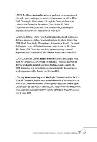 229
REPERTÓRIO BIBLIOGRÁFICO SOBRE A CONDIÇÃO DO NEGRO NO BRASIL
LOPES, Toni Ronei. Ações afirmativas: a igualdade e o acesso pleno à
educação superior dos grupos sociais historicamente excluídos. 2014.
218 f. Dissertação (Mestrado em Educação) – Centro de Educação,
Universidade Federal de Santa Maria, Santa Maria, RS, 2014.
Disponível em: <http://cascavel.ufsm.br/tede//tde_busca/arquivo.
php?codArquivo=6655>. Acesso em: 26 maio 2017.
LOTIERZO, Tatiana Helena Pinto. Contornos do (in)visível: a redenção
de Cam, racismo e estética na pintura brasileira do último Oitocentos.
2013. 306 f. Dissertação (Mestrado em Antropologia Social) – Faculdade
de Filosofia, Letras e Ciências Humanas, Universidade de São Paulo,
São Paulo, 2013. Disponível em: <http://www.teses.usp.br/teses/
disponiveis/8/8134/tde-18122013-134956/>. Acesso em: 9 maio 2017.
LOVATO, Glorinha. Cultura escolar e racismo: prática pedagógica racial.
2012. 47 f. Dissertação (Mestrado em Teologia) – Instituto Ecumênico
de Pós-Graduação, Escola Superior de Teologia, São Leopoldo, RS,
2012. Disponível em: <http://tede.est.edu.br/tede/tde_busca/arquivo.
php?codArquivo=406>. Acesso em: 10 maio 2017.
LÖW, Lily. Enfermeiras negras na Revolução Constitucionalista de 1932.
2013. 98 f. Dissertação (Mestrado em Fundamentos e Administração de
Práticas do Gerenciamento em Enfermagem) – Escola de Enfermagem,
Universidade de São Paulo, São Paulo, 2013. Disponível em: <http://www.
teses.usp.br/teses/disponiveis/7/7140/tde-06092013-170330/>. Acesso
em: 16 maio 2017.
 