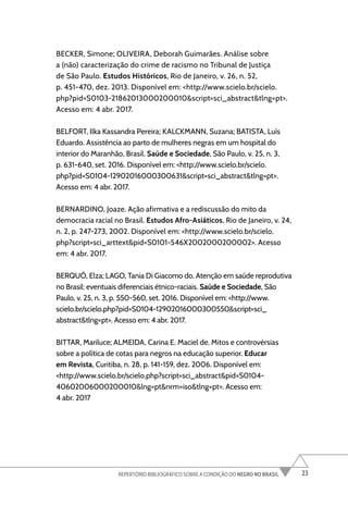 23
REPERTÓRIO BIBLIOGRÁFICO SOBRE A CONDIÇÃO DO NEGRO NO BRASIL
BECKER, Simone; OLIVEIRA, Deborah Guimarães. Análise sobre
a (não) caracterização do crime de racismo no Tribunal de Justiça
de São Paulo. Estudos Históricos, Rio de Janeiro, v. 26, n. 52,
p. 451-470, dez. 2013. Disponível em: <http://www.scielo.br/scielo.
php?pid=S0103-21862013000200010&script=sci_abstract&tlng=pt>.
Acesso em: 4 abr. 2017.
BELFORT, Ilka Kassandra Pereira; KALCKMANN, Suzana; BATISTA, Luís
Eduardo. Assistência ao parto de mulheres negras em um hospital do
interior do Maranhão, Brasil. Saúde e Sociedade, São Paulo, v. 25, n. 3,
p. 631-640, set. 2016. Disponível em: <http://www.scielo.br/scielo.
php?pid=S0104-12902016000300631&script=sci_abstract&tlng=pt>.
Acesso em: 4 abr. 2017.
BERNARDINO, Joaze. Ação afirmativa e a rediscussão do mito da
democracia racial no Brasil. Estudos Afro-Asiáticos, Rio de Janeiro, v. 24,
n. 2, p. 247-273, 2002. Disponível em: <http://www.scielo.br/scielo.
php?script=sci_arttext&pid=S0101-546X2002000200002>. Acesso
em: 4 abr. 2017.
BERQUÓ, Elza; LAGO, Tania Di Giacomo do. Atenção em saúde reprodutiva
no Brasil: eventuais diferenciais étnico-raciais. Saúde e Sociedade, São
Paulo, v. 25, n. 3, p. 550-560, set. 2016. Disponível em: <http://www.
scielo.br/scielo.php?pid=S0104-12902016000300550&script=sci_
abstract&tlng=pt>. Acesso em: 4 abr. 2017.
BITTAR, Mariluce; ALMEIDA, Carina E. Maciel de. Mitos e controvérsias
sobre a política de cotas para negros na educação superior. Educar
em Revista, Curitiba, n. 28, p. 141-159, dez. 2006. Disponível em:
<http://www.scielo.br/scielo.php?script=sci_abstract&pid=S0104-
40602006000200010&lng=pt&nrm=iso&tlng=pt>. Acesso em:
4 abr. 2017
 