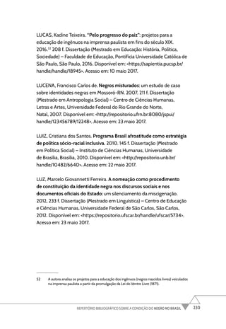 230
REPERTÓRIO BIBLIOGRÁFICO SOBRE A CONDIÇÃO DO NEGRO NO BRASIL
LUCAS, Kadine Teixeira. “Pelo progresso do paiz”: projetos para a
educação de ingênuos na imprensa paulista em fins do século XIX.
2016.52
208 f. Dissertação (Mestrado em Educação: História, Política,
Sociedade) – Faculdade de Educação, Pontifícia Universidade Católica de
São Paulo, São Paulo, 2016. Disponível em: <https://sapientia.pucsp.br/
handle/handle/18945>. Acesso em: 10 maio 2017.
LUCENA, Francisco Carlos de. Negros misturados: um estudo de caso
sobre identidades negras em Mossoró-RN. 2007. 211 f. Dissertação
(Mestrado em Antropologia Social) – Centro de Ciências Humanas,
Letras e Artes, Universidade Federal do Rio Grande do Norte,
Natal, 2007. Disponível em: <http://repositorio.ufrn.br:8080/jspui/
handle/123456789/12248>. Acesso em: 23 maio 2017.
LUIZ, Cristiana dos Santos. Programa Brasil afroatitude como estratégia
de política sócio-racial inclusiva. 2010. 145 f. Dissertação (Mestrado
em Política Social) – Instituto de Ciências Humanas, Universidade
de Brasília, Brasília, 2010. Disponível em: <http://repositorio.unb.br/
handle/10482/6640>. Acesso em: 22 maio 2017.
LUZ, Marcelo Giovannetti Ferreira. A nomeação como procedimento
de constituição da identidade negra nos discursos sociais e nos
documentos oficiais do Estado: um silenciamento da miscigenação.
2012, 233 f. Dissertação (Mestrado em Linguística) – Centro de Educação
e Ciências Humanas, Universidade Federal de São Carlos, São Carlos,
2012. Disponível em: <https://repositorio.ufscar.br/handle/ufscar/5734>.
Acesso em: 23 maio 2017.
52 A autora analisa os projetos para a educação dos ingênuos (negros nascidos livres) veiculados
na imprensa paulista a partir da promulgação da Lei do Ventre Livre (1871).
 