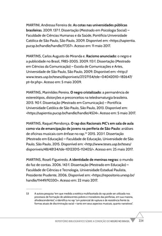 234
REPERTÓRIO BIBLIOGRÁFICO SOBRE A CONDIÇÃO DO NEGRO NO BRASIL
MARTINI, Andressa Ferreira de. As cotas nas universidades públicas
brasileiras. 2009. 137 f. Dissertação (Mestrado em Psicologia Social) –
Faculdade de Ciências Humanas e da Saúde, Pontifícia Universidade
Católica de São Paulo, São Paulo, 2009. Disponível em: <https://sapientia.
pucsp.br/handle/handle/17357>. Acesso em: 11 maio 2017.
MARTINS, Carlos Augusto de Miranda e. Racismo anunciado: o negro e
a publicidade no Brasil, 1985-2005. 2009. 113 f. Dissertação (Mestrado
em Ciências da Comunicação) – Escola de Comunicações e Artes,
Universidade de São Paulo, São Paulo, 2009. Disponível em: <http://
www.teses.usp.br/teses/disponiveis/27/27154/tde–04042010–182647/
pt–br.php>. Acesso em: 5 maio 2009.
MARTINS, Marinildes Pereira. O negro cristalizado: a permanência de
estereótipos, distorções e preconceitos na teledramaturgia brasileira.
2013. 90 f. Dissertação (Mestrado em Comunicação) – Pontifícia
Universidade Católica de São Paulo, São Paulo, 2013. Disponível em:
<https://sapientia.pucsp.br/handle/handle/4524>. Acesso em: 5 maio 2017.
MARTINS, Raquel Mendonça. O rap dos Racionais MC’s em sala de aula
como via de emancipação de jovens na periferia de São Paulo: análises
de oficinas musicais com ênfase no rap.53
2015. 203 f. Dissertação
(Mestrado em Educação) – Faculdade de Educação, Universidade de São
Paulo, São Paulo, 2015. Disponível em: <http://www.teses.usp.br/teses/
disponiveis/48/48134/tde-10122015-112405/>. Acesso em: 25 maio 2017.
MARTINS, Roseli Figueiredo. A identidade de meninas negras: o mundo
do faz de contas. 2006. 143 f. Dissertação (Mestrado em Educação) –
Faculdade de Ciências e Tecnologia, Universidade Estadual Paulista,
Presidente Prudente, 2006. Disponível em: <https://repositorio.unesp.br/
handle/11449/92330>. Acesso em: 22 maio 2017.
53 A autora pesquisa “em que medida a estética multifacetada do rap pode ser utilizada nos
processos de formação de adolescentes pobres e moradores das periferias, em sua maioria,
afrodescendentes”, e identifica no rap “um potencial de ruptura e de resistência frente às
formas atuais de discriminação racial – tanto em seus aspectos musicais, quanto narrativos”.
 