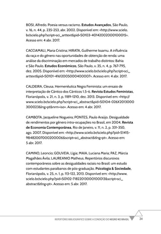 24
REPERTÓRIO BIBLIOGRÁFICO SOBRE A CONDIÇÃO DO NEGRO NO BRASIL
BOSI, Alfredo. Poesia versus racismo. Estudos Avançados, São Paulo,
v. 16, n. 44, p. 235-253, abr. 2002. Disponível em: <http://www.scielo.
br/scielo.php?script=sci_arttext&pid=S0103-40142002000100015>.
Acesso em: 4 abr. 2017.
CACCIAMALI, Maria Cristina; HIRATA, Guilherme Issamu. A influência
da raça e do gênero nas oportunidades de obtenção de renda: uma
análise da discriminação em mercados de trabalho distintos: Bahia
e São Paulo. Estudos Econômicos, São Paulo, v. 35, n. 4, p. 767-795,
dez. 2005. Disponível em: <http://www.scielo.br/scielo.php?script=sci_
arttext&pid=S0101-41612005000400007>. Acesso em: 4 abr. 2017.
CALDEIRA, Cleusa. Hermenêutica Negra Feminista: um ensaio de
interpretação de Cântico dos Cânticos 1.5-6. Revista Estudos Feministas,
Florianópolis, v. 21, n. 3, p. 1189-1210, dez. 2013. Disponível em: <http://
www.scielo.br/scielo.php?script=sci_abstract&pid=S0104-026X2013000
300023&lng=pt&nrm=iso>. Acesso em: 4 abr. 2017.
CAMBOTA, Jacqueline Nogueira; PONTES, Paulo Araújo. Desigualdade
de rendimentos por gênero intra-ocupações no Brasil, em 2004. Revista
de Economia Contemporânea, Rio de Janeiro, v. 11, n. 2, p. 331-350,
ago. 2007. Disponível em: <http://www.scielo.br/scielo.php?pid=S1415-
98482007000200006&script=sci_abstract&tlng=pt>. Acesso em:
5 abr. 2017.
CAMINO, Leoncio; GOUVEIA, Lígia; MAIA, Luciana Maria; PAZ, Márcia
Magalhães Ávila; LAUREANIO Matheus. Repertórios discursivos
contemporâneos sobre as desigualdades raciais no Brasil: um estudo
com estudantes paraibanos de pós-graduação. Psicologia & Sociedade,
Florianópolis, v. 25, n. 1, p. 113-122, 2013. Disponível em: <http://www.
scielo.br/scielo.php?pid=S0102-71822013000100013&script=sci_
abstract&tlng=pt>. Acesso em: 5 abr. 2017.
 