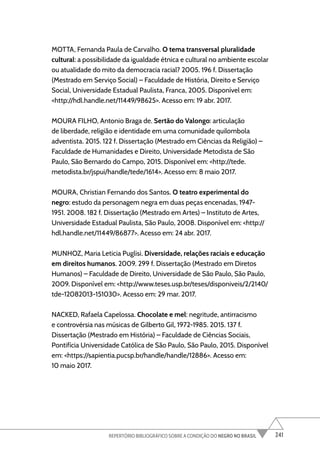 241
REPERTÓRIO BIBLIOGRÁFICO SOBRE A CONDIÇÃO DO NEGRO NO BRASIL
MOTTA, Fernanda Paula de Carvalho. O tema transversal pluralidade
cultural: a possibilidade da igualdade étnica e cultural no ambiente escolar
ou atualidade do mito da democracia racial? 2005. 196 f. Dissertação
(Mestrado em Serviço Social) – Faculdade de História, Direito e Serviço
Social, Universidade Estadual Paulista, Franca, 2005. Disponível em:
<http://hdl.handle.net/11449/98625>. Acesso em: 19 abr. 2017.
MOURA FILHO, Antonio Braga de. Sertão do Valongo: articulação
de liberdade, religião e identidade em uma comunidade quilombola
adventista. 2015. 122 f. Dissertação (Mestrado em Ciências da Religião) –
Faculdade de Humanidades e Direito, Universidade Metodista de São
Paulo, São Bernardo do Campo, 2015. Disponível em: <http://tede.
metodista.br/jspui/handle/tede/1614>. Acesso em: 8 maio 2017.
MOURA, Christian Fernando dos Santos. O teatro experimental do
negro: estudo da personagem negra em duas peças encenadas, 1947-
1951. 2008. 182 f. Dissertação (Mestrado em Artes) – Instituto de Artes,
Universidade Estadual Paulista, São Paulo, 2008. Disponível em: <http://
hdl.handle.net/11449/86877>. Acesso em: 24 abr. 2017.
MUNHOZ, Maria Leticia Puglisi. Diversidade, relações raciais e educação
em direitos humanos. 2009. 299 f. Dissertação (Mestrado em Diretos
Humanos) – Faculdade de Direito, Universidade de São Paulo, São Paulo,
2009. Disponível em: <http://www.teses.usp.br/teses/disponiveis/2/2140/
tde-12082013-151030>. Acesso em: 29 mar. 2017.
NACKED, Rafaela Capelossa. Chocolate e mel: negritude, antirracismo
e controvérsia nas músicas de Gilberto Gil, 1972-1985. 2015. 137 f.
Dissertação (Mestrado em História) – Faculdade de Ciências Sociais,
Pontifícia Universidade Católica de São Paulo, São Paulo, 2015. Disponível
em: <https://sapientia.pucsp.br/handle/handle/12886>. Acesso em:
10 maio 2017.
 