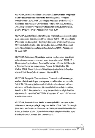 248
REPERTÓRIO BIBLIOGRÁFICO SOBRE A CONDIÇÃO DO NEGRO NO BRASIL
OLIVEIRA, Cristina Imaculada Santana de. A comunidade imaginada
da afrodescendência no contexto da educação das “relações
étnicorraciais”. 2012. 173 f. Dissertação (Mestrado em Educação) –
Faculdade de Educação, Universidade Federal do Ceará, Fortaleza,
2012. Disponível em: <http://www.teses.ufc.br/tde_busca/arquivo.
php?codArquivo=8792>. Acesso em: 11 maio 2017.
OLIVEIRA, Evaldo Ribeiro. Narrativas de Thereza Santos: contribuições
para a educação das relações étnico-raciais. 2008. 144 f. Dissertação
(Mestrado em Educação) – Centro de Educação e Ciências Humanas,
Universidade Federal de São Carlos, São Carlos, 2008. Disponível
em: <https://repositorio.ufscar.br/handle/ufscar/2474>. Acesso em:
18 maio 2017.
OLIVEIRA, Fabiana de. Um estudo sobre a creche: o que as práticas
educativas produzem e revelam sobre a questão racial? 2004. 119 f.
Dissertação (Mestrado em Ciências Humanas) – Centro de Educação
e Ciências Humanas, Universidade Federal de São Carlos, São
Carlos, 2004. Disponível em: <https://repositorio.ufscar.br/handle/
ufscar/2555?show=full>. Acesso em: 15 maio 2017.
OLIVEIRA, Georgette Vanessa Janaina Chaves de. Mulheres negras
no livro didático de língua portuguesa: uma história a ser contada.
2015. 128 f. Dissertação (Mestrado Profissional em Letras) – Centro
de Letras e Ciências Humanas, Universidade Estadual de Londrina,
Londrina, 2015. Disponível em: <http://www.bibliotecadigital.uel.br/
document/?code=vtls000203212>. Acesso em: 10 maio 2017. Acesso
mediante cadastro.
OLIVEIRA, Ilzver de Matos. O discurso do judiciário sobre as ações
afirmativas para a população negra na Bahia. 2008. 130 f. Dissertação
(Mestrado em Direito) – Faculdade de Direito, Universidade Federal da
Bahia, Salvador, 2008. Disponível em: <https://repositorio.ufba.br/ri/
handle/ri/10770>. Acesso em: 23 maio 2017.
 