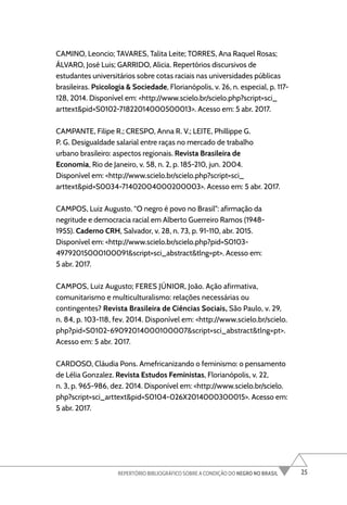 25
REPERTÓRIO BIBLIOGRÁFICO SOBRE A CONDIÇÃO DO NEGRO NO BRASIL
CAMINO, Leoncio; TAVARES, Talita Leite; TORRES, Ana Raquel Rosas;
ÁLVARO, José Luis; GARRIDO, Alicia. Repertórios discursivos de
estudantes universitários sobre cotas raciais nas universidades públicas
brasileiras. Psicologia & Sociedade, Florianópolis, v. 26, n. especial, p. 117-
128, 2014. Disponível em: <http://www.scielo.br/scielo.php?script=sci_
arttext&pid=S0102-71822014000500013>. Acesso em: 5 abr. 2017.
CAMPANTE, Filipe R.; CRESPO, Anna R. V.; LEITE, Phillippe G.
P. G. Desigualdade salarial entre raças no mercado de trabalho
urbano brasileiro: aspectos regionais. Revista Brasileira de
Economia, Rio de Janeiro, v. 58, n. 2, p. 185-210, jun. 2004.
Disponível em: <http://www.scielo.br/scielo.php?script=sci_
arttext&pid=S0034-71402004000200003>. Acesso em: 5 abr. 2017.
CAMPOS, Luiz Augusto. “O negro é povo no Brasil”: afirmação da
negritude e democracia racial em Alberto Guerreiro Ramos (1948-
1955). Caderno CRH, Salvador, v. 28, n. 73, p. 91-110, abr. 2015.
Disponível em: <http://www.scielo.br/scielo.php?pid=S0103-
49792015000100091&script=sci_abstract&tlng=pt>. Acesso em:
5 abr. 2017.
CAMPOS, Luiz Augusto; FERES JÚNIOR, João. Ação afirmativa,
comunitarismo e multiculturalismo: relações necessárias ou
contingentes? Revista Brasileira de Ciências Sociais, São Paulo, v. 29,
n. 84, p. 103-118, fev. 2014. Disponível em: <http://www.scielo.br/scielo.
php?pid=S0102-69092014000100007&script=sci_abstract&tlng=pt>.
Acesso em: 5 abr. 2017.
CARDOSO, Cláudia Pons. Amefricanizando o feminismo: o pensamento
de Lélia Gonzalez. Revista Estudos Feministas, Florianópolis, v. 22,
n. 3, p. 965-986, dez. 2014. Disponível em: <http://www.scielo.br/scielo.
php?script=sci_arttext&pid=S0104-026X2014000300015>. Acesso em:
5 abr. 2017.
 