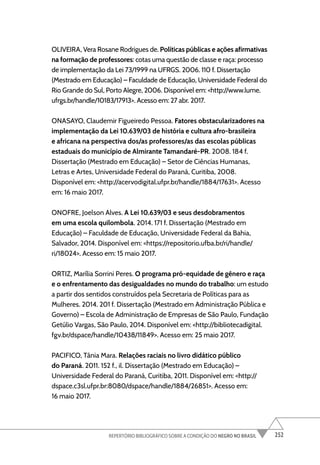 252
REPERTÓRIO BIBLIOGRÁFICO SOBRE A CONDIÇÃO DO NEGRO NO BRASIL
OLIVEIRA, Vera Rosane Rodrigues de. Políticas públicas e ações afirmativas
na formação de professores: cotas uma questão de classe e raça: processo
de implementação da Lei 73/1999 na UFRGS. 2006. 110 f. Dissertação
(Mestrado em Educação) – Faculdade de Educação, Universidade Federal do
Rio Grande do Sul, Porto Alegre, 2006. Disponível em: <http://www.lume.
ufrgs.br/handle/10183/17913>. Acesso em: 27 abr. 2017.
ONASAYO, Claudemir Figueiredo Pessoa. Fatores obstacularizadores na
implementação da Lei 10.639/03 de história e cultura afro-brasileira
e africana na perspectiva dos/as professores/as das escolas públicas
estaduais do município de Almirante Tamandaré-PR. 2008. 184 f.
Dissertação (Mestrado em Educação) – Setor de Ciências Humanas,
Letras e Artes, Universidade Federal do Paraná, Curitiba, 2008.
Disponível em: <http://acervodigital.ufpr.br/handle/1884/17631>. Acesso
em: 16 maio 2017.
ONOFRE, Joelson Alves. A Lei 10.639/03 e seus desdobramentos
em uma escola quilombola. 2014. 171 f. Dissertação (Mestrado em
Educação) – Faculdade de Educação, Universidade Federal da Bahia,
Salvador, 2014. Disponível em: <https://repositorio.ufba.br/ri/handle/
ri/18024>. Acesso em: 15 maio 2017.
ORTIZ, Marília Sorrini Peres. O programa pró-equidade de gênero e raça
e o enfrentamento das desigualdades no mundo do trabalho: um estudo
a partir dos sentidos construídos pela Secretaria de Políticas para as
Mulheres. 2014. 201 f. Dissertação (Mestrado em Administração Pública e
Governo) – Escola de Administração de Empresas de São Paulo, Fundação
Getúlio Vargas, São Paulo, 2014. Disponível em: <http://bibliotecadigital.
fgv.br/dspace/handle/10438/11849>. Acesso em: 25 maio 2017.
PACIFICO, Tânia Mara. Relações raciais no livro didático público
do Paraná. 2011. 152 f., il. Dissertação (Mestrado em Educação) –
Universidade Federal do Paraná, Curitiba, 2011. Disponível em: <http://
dspace.c3sl.ufpr.br:8080/dspace/handle/1884/26851>. Acesso em:
16 maio 2017.
 